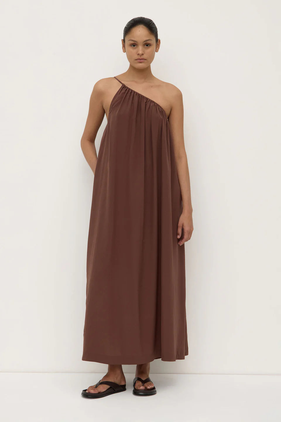 Assembly Label Mila Silk Asymmetrical Maxi Dress Espresso