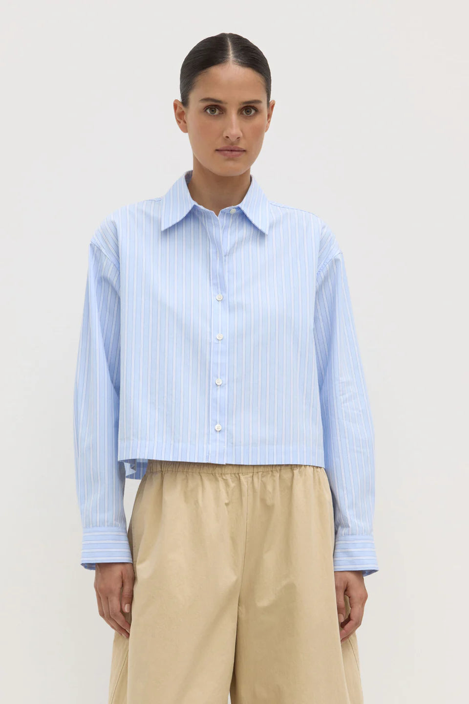 Assembly Label Tessa Poplin Cropped Long Sleeve Shirt Blue Stripe