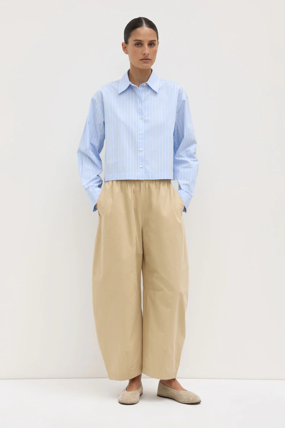 Assembly Label Tessa Poplin Cropped Long Sleeve Shirt Blue Stripe