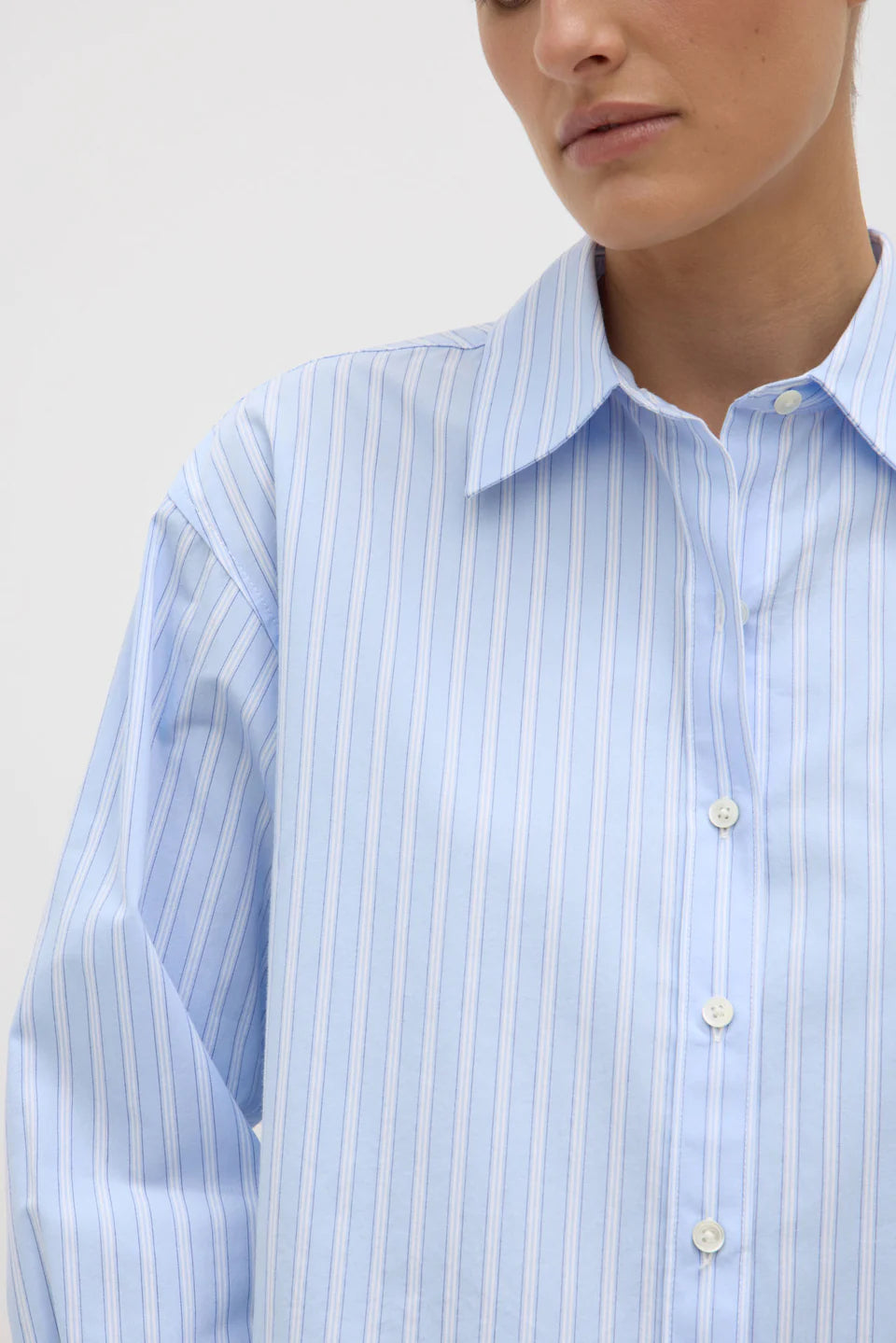 Assembly Label Tessa Poplin Cropped Long Sleeve Shirt Blue Stripe