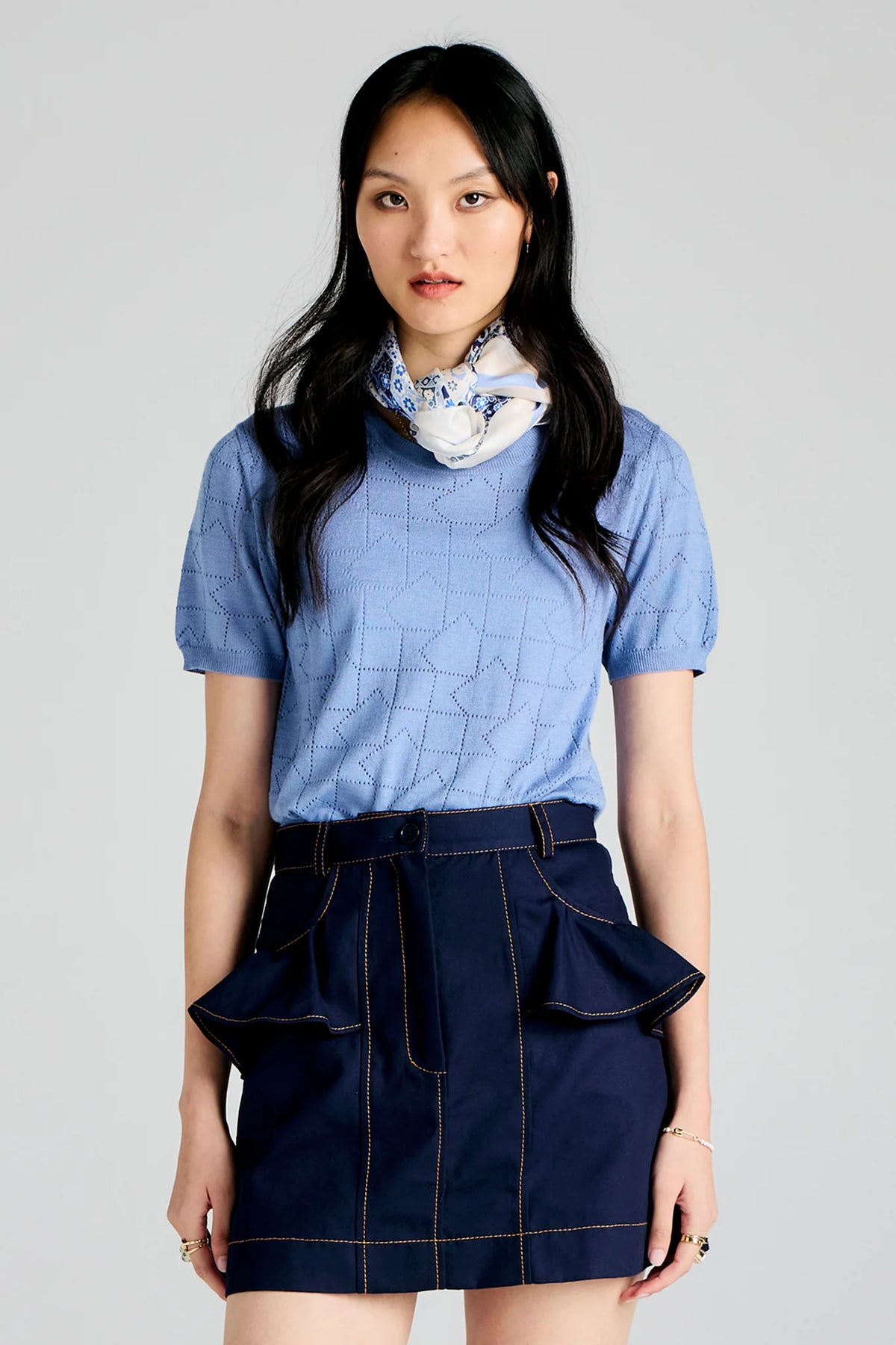 Karen Walker Monogram Pointelle Knit Tee Light Blue