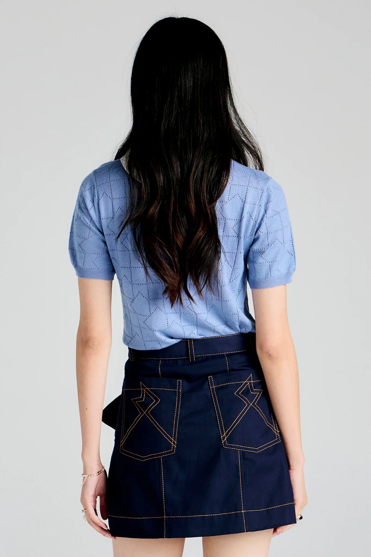 Karen Walker Monogram Pointelle Knit Tee Light Blue