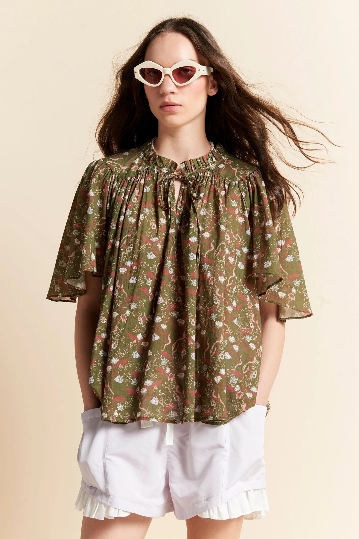 Karen Walker Agnes Blouse Olive Multi Whimsy Floral Cotton Voile