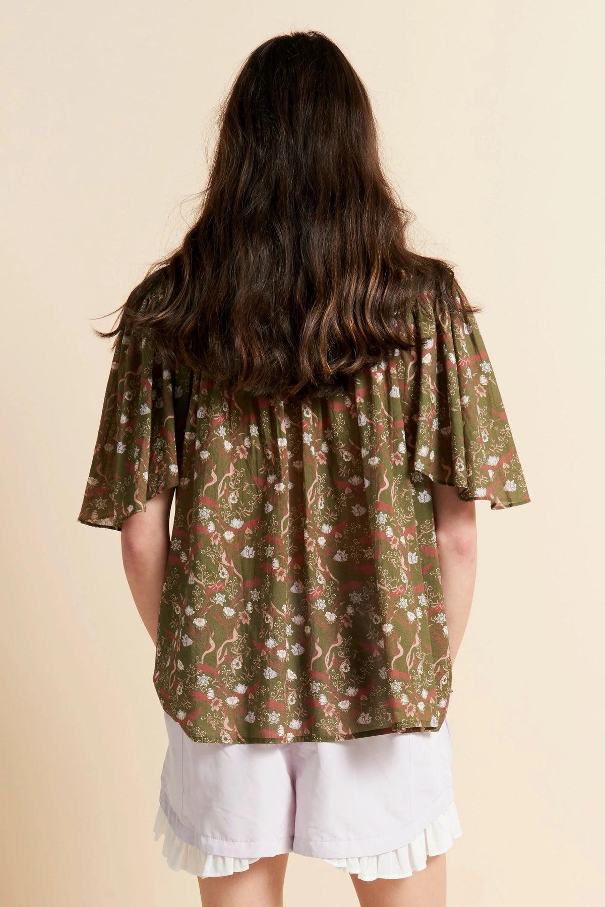 Karen Walker Agnes Blouse Olive Multi Whimsy Floral Cotton Voile