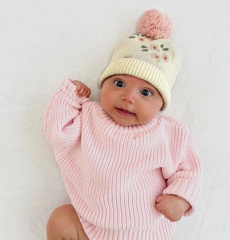Over The Dandelions Knitted Beanie Daisy with pompom