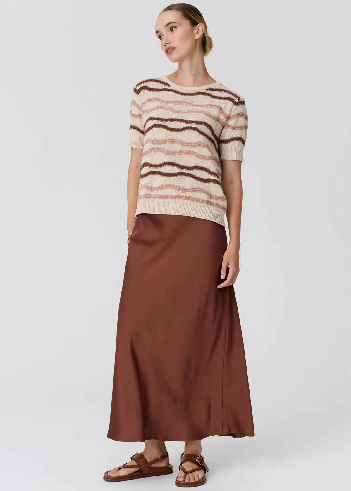 POL Liana Tee Textured Stripe Pebble/Pink/Toffee