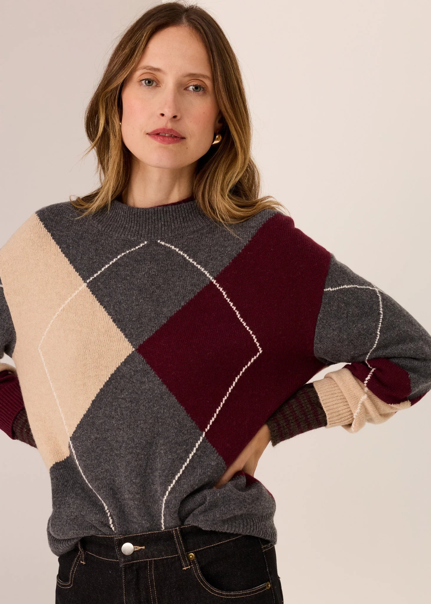 POL Loren Argyle Knit Charcoal/Merlot/Pebble
