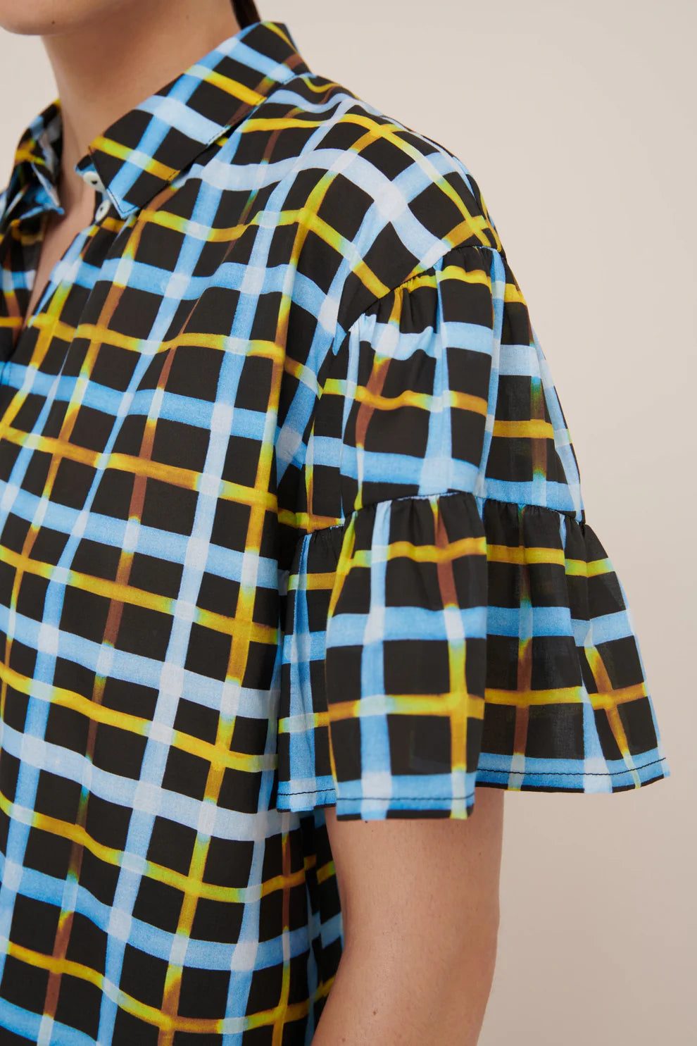 Kowtow Painterly Blouse Neon Tartan