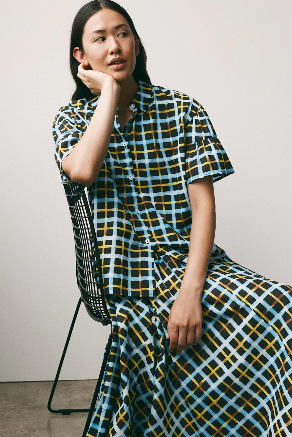 Kowtow Painterly Blouse Neon Tartan