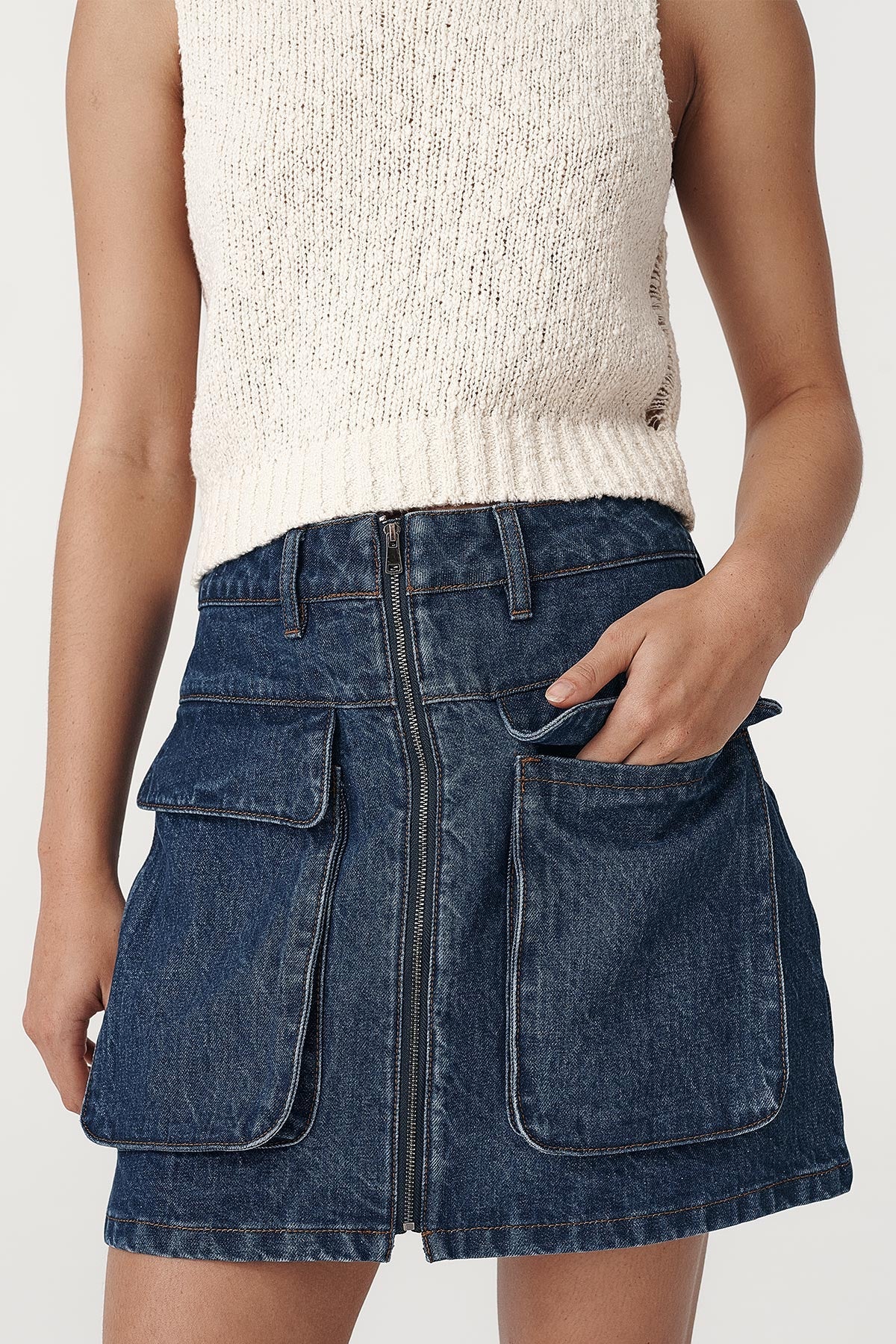 Rowie The Label Alfred Zip Mini Skirt Washed Indigo