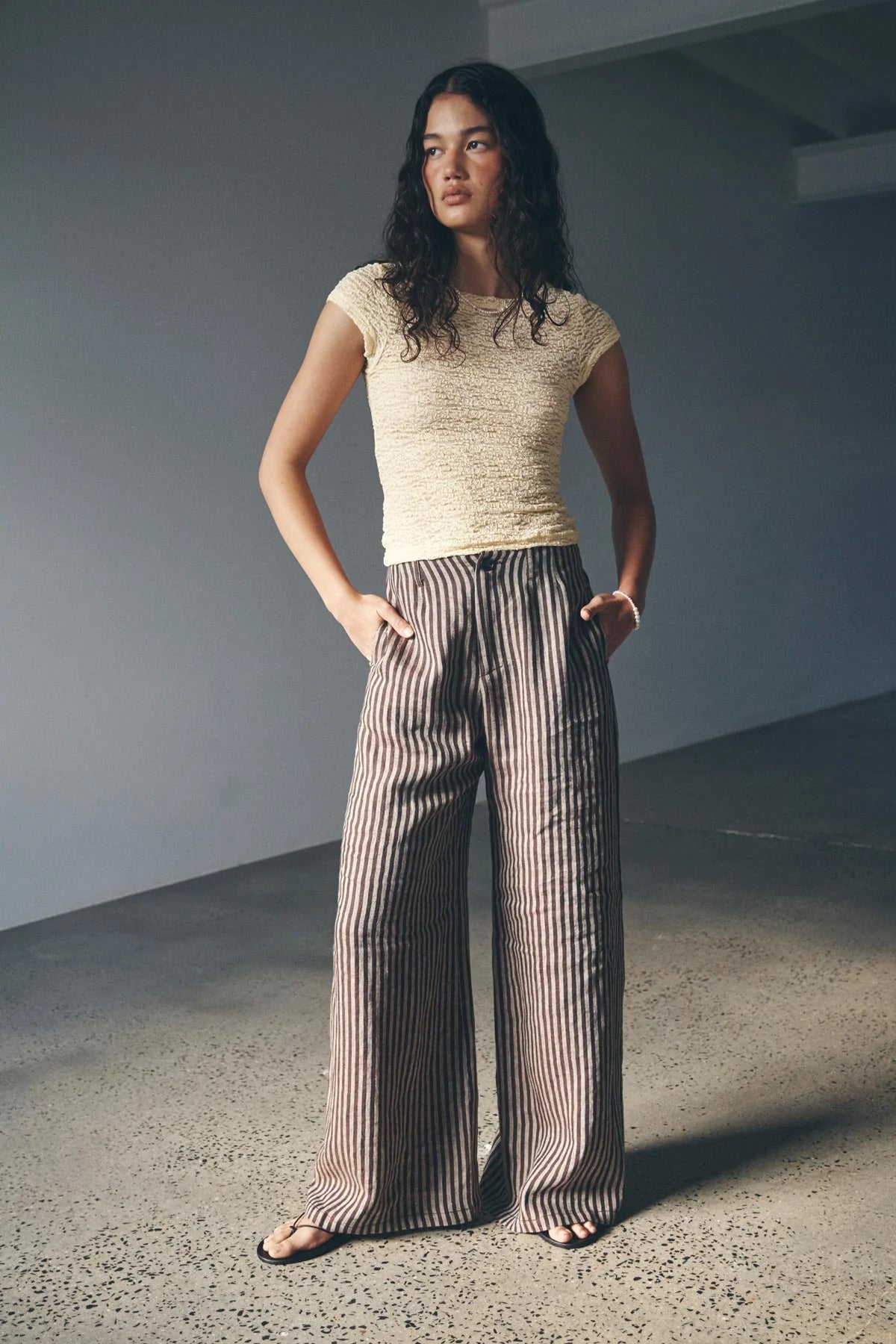 Rowie The Label Carlotta Linen Wide Pants Brown Stripe