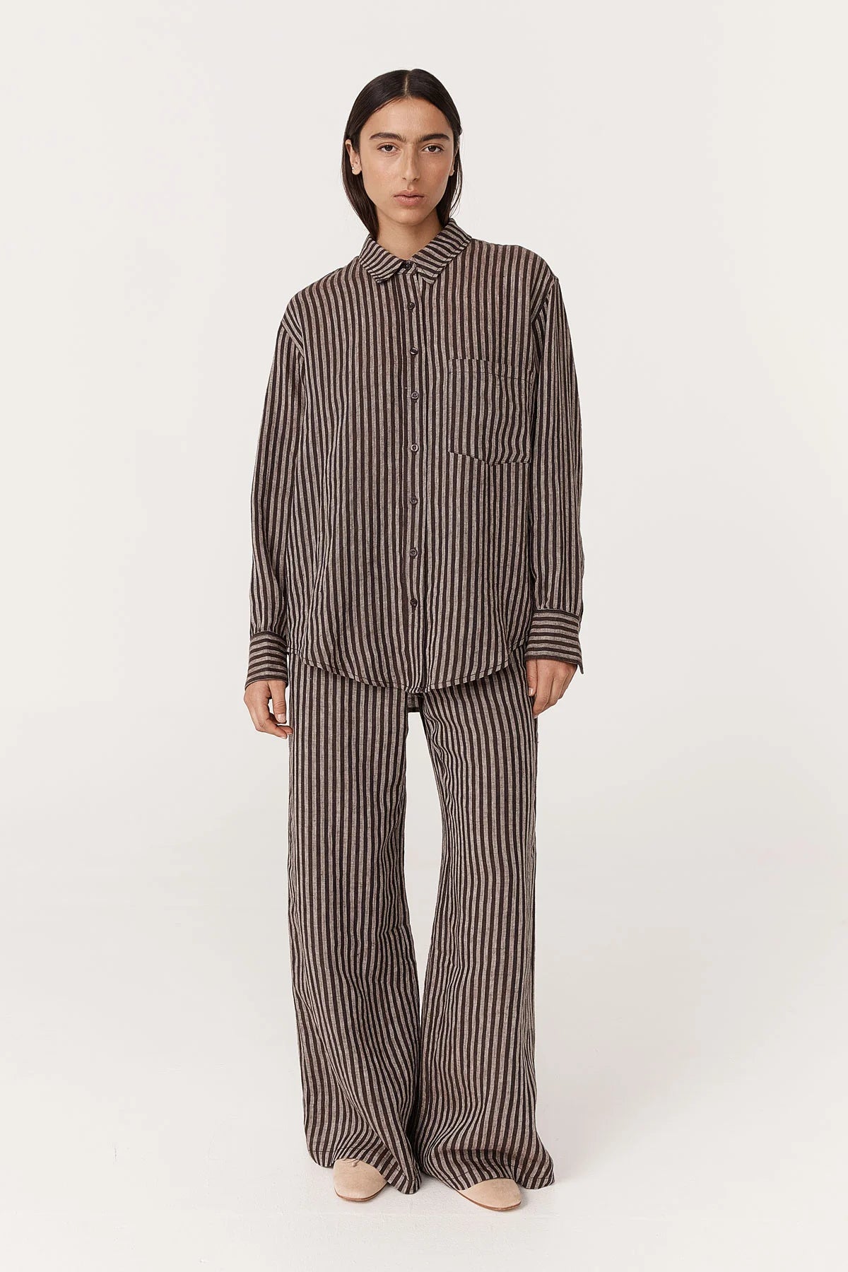 Rowie The Label Carlotta Linen Wide Pants Brown Stripe