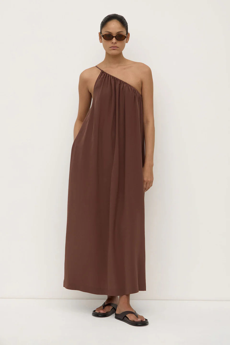 Assembly Label Mila Silk Asymmetrical Maxi Dress Espresso