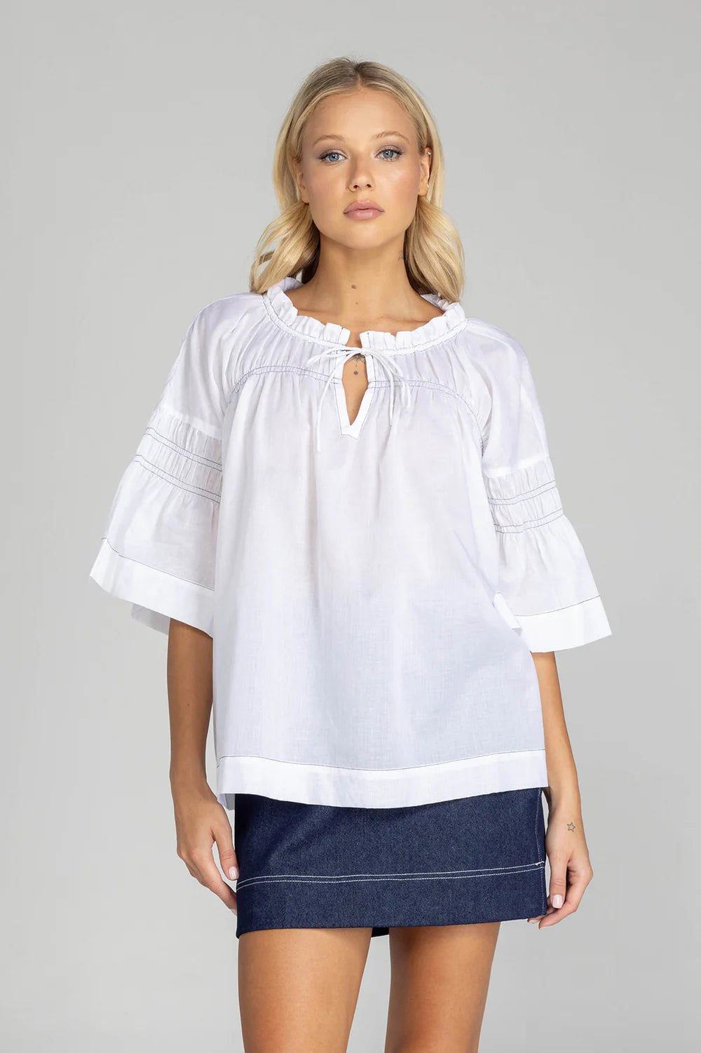 Blak Thea Top White With Blak Stitching
