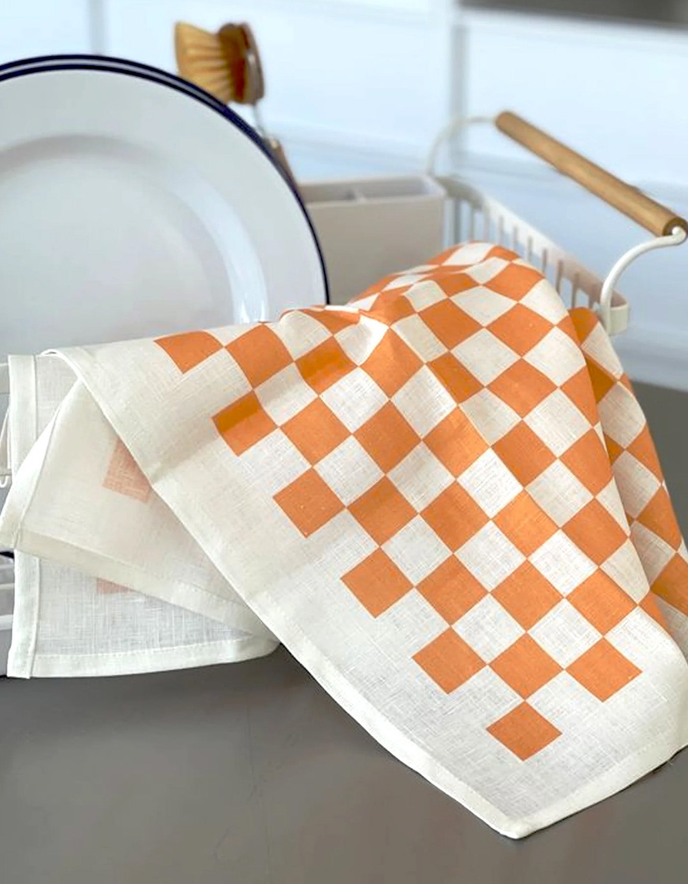 Lettuce Tea Towel Checkers Peach