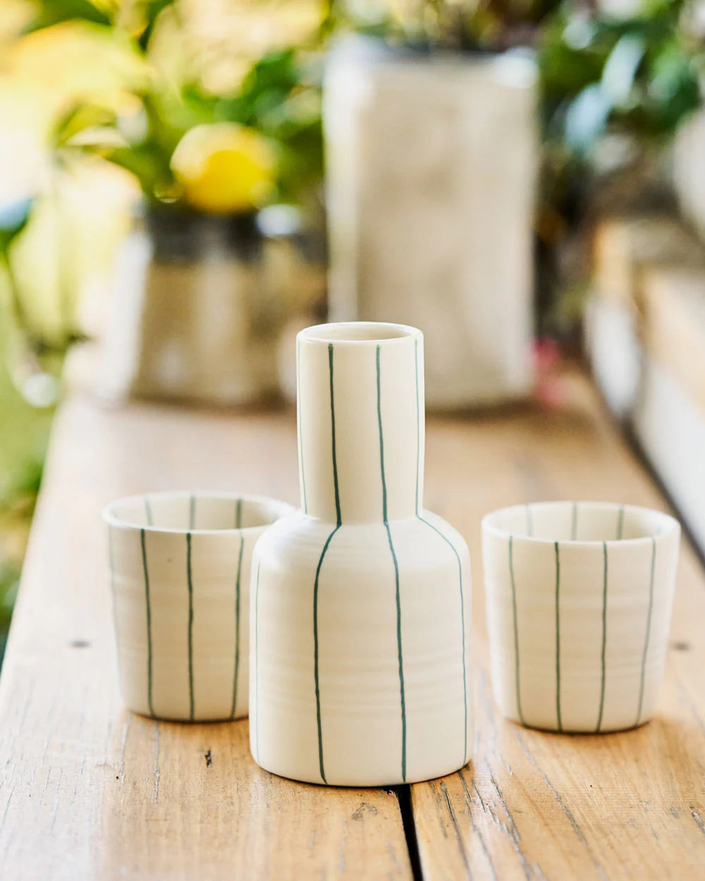 Robert Gordon Carafe & 2 Cups Set Green Coastal Stripe