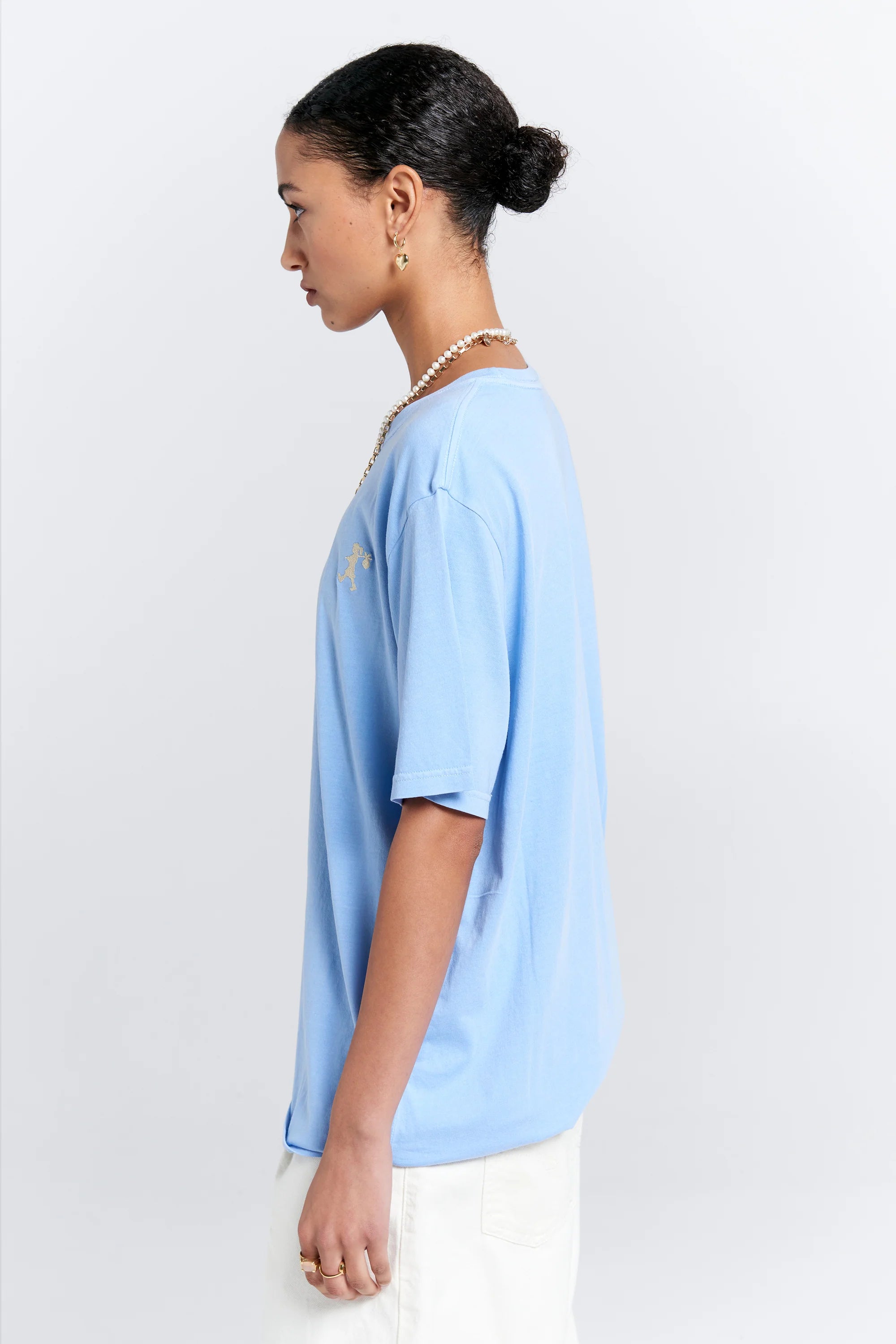Karen Walker Embroidered Runaway Girl Classic Organic Cotton T-Shirt Blue