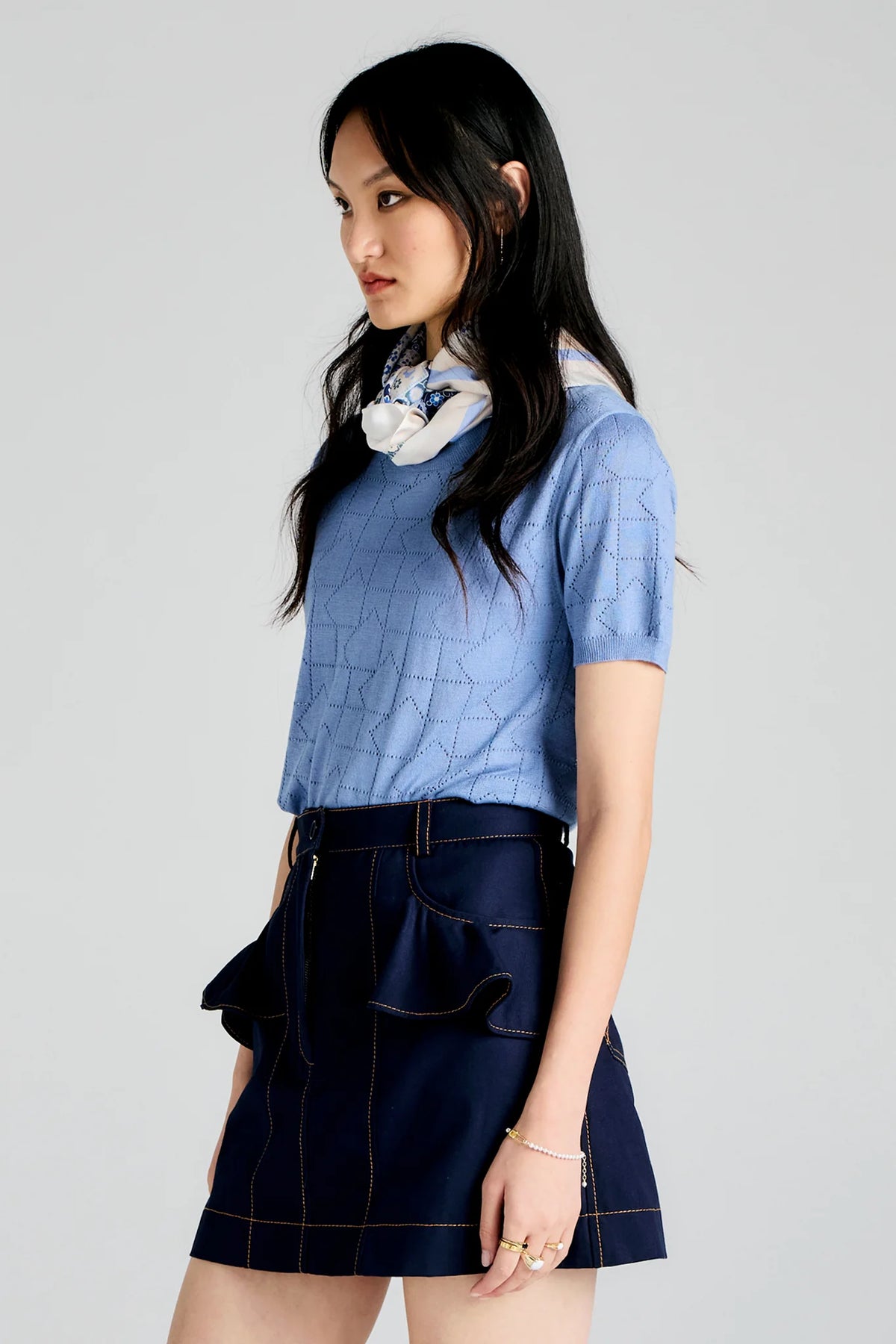 Karen Walker Monogram Pointelle Knit Tee Light Blue