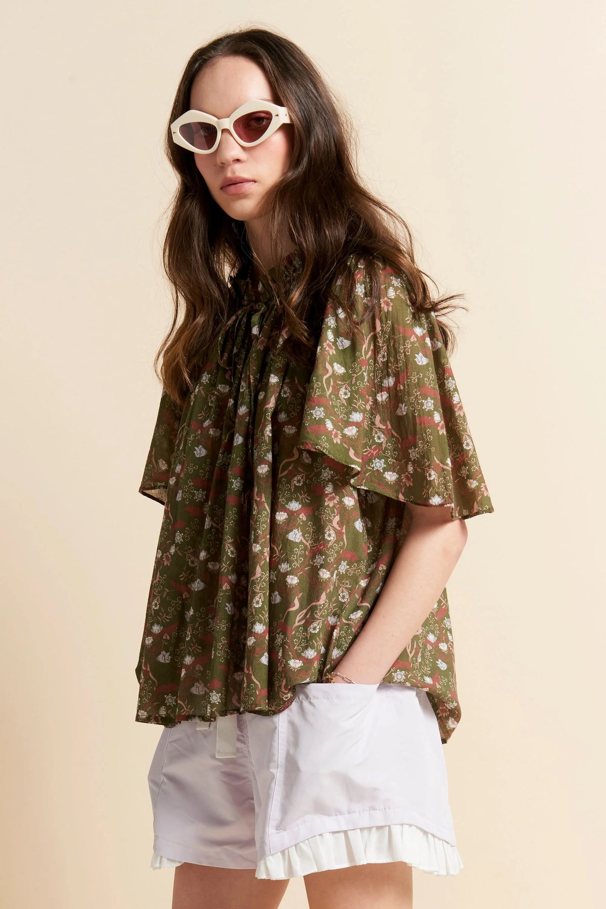 Karen Walker Agnes Blouse Olive Multi Whimsy Floral Cotton Voile