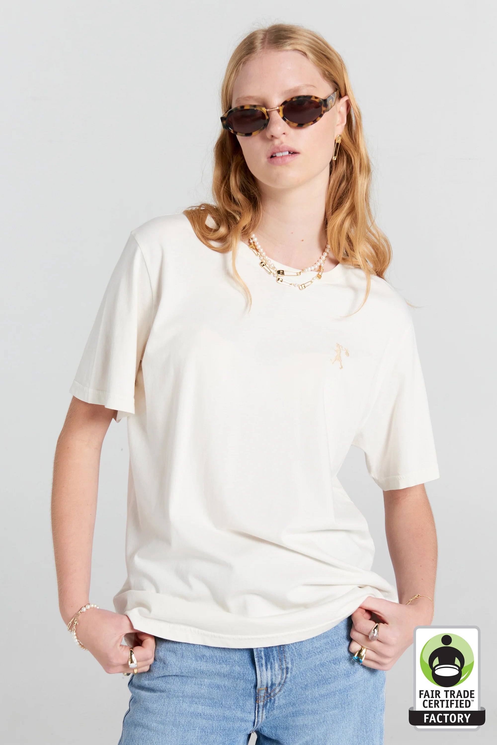 Karen Walker Embroidered Runaway Girl Classic Organic Cotton T-Shirt Ecru
