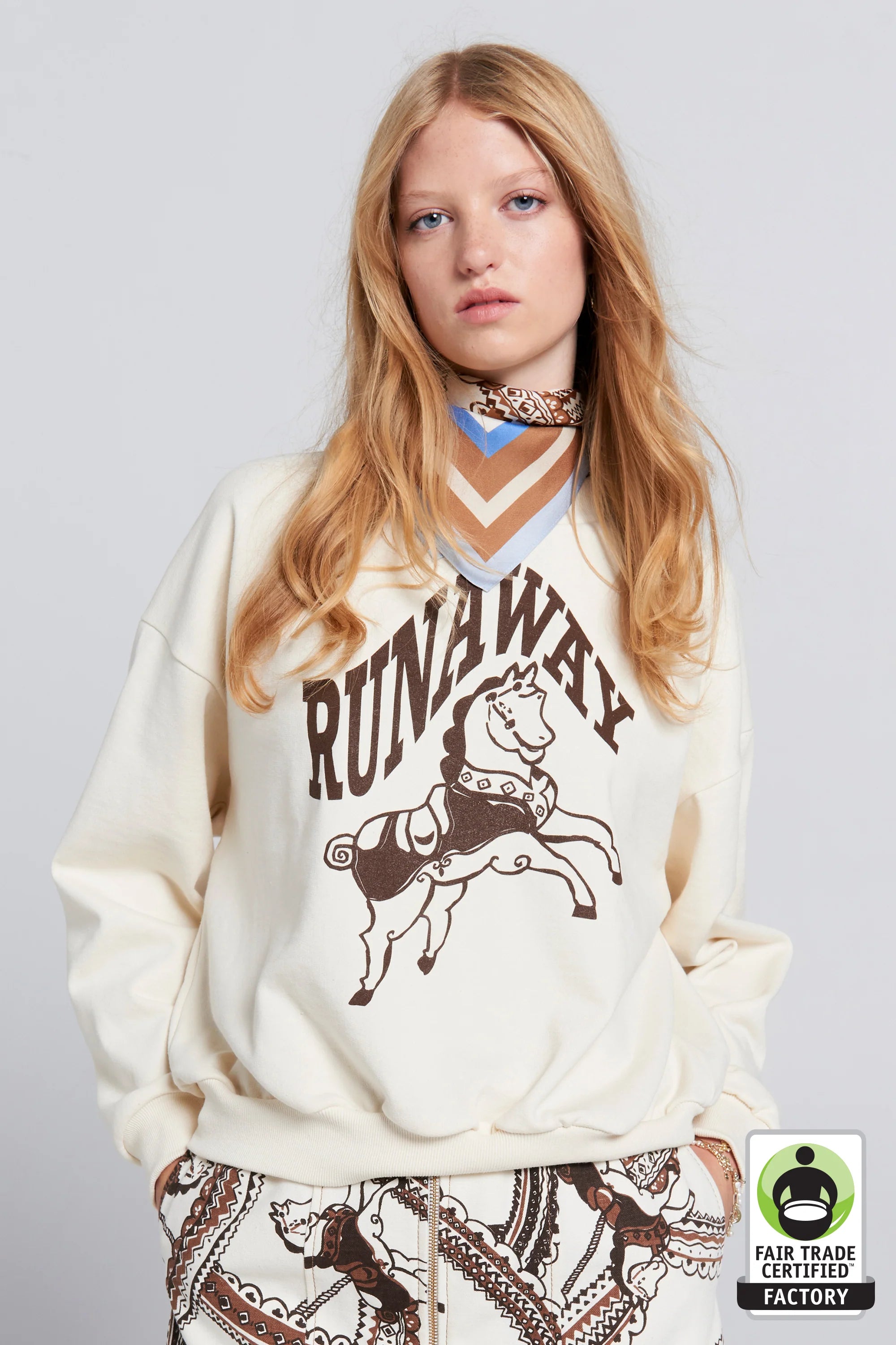 Karen Walker Runaway Carousel Organic Cotton Crewneck Sweatshirt Ecru/Mocha