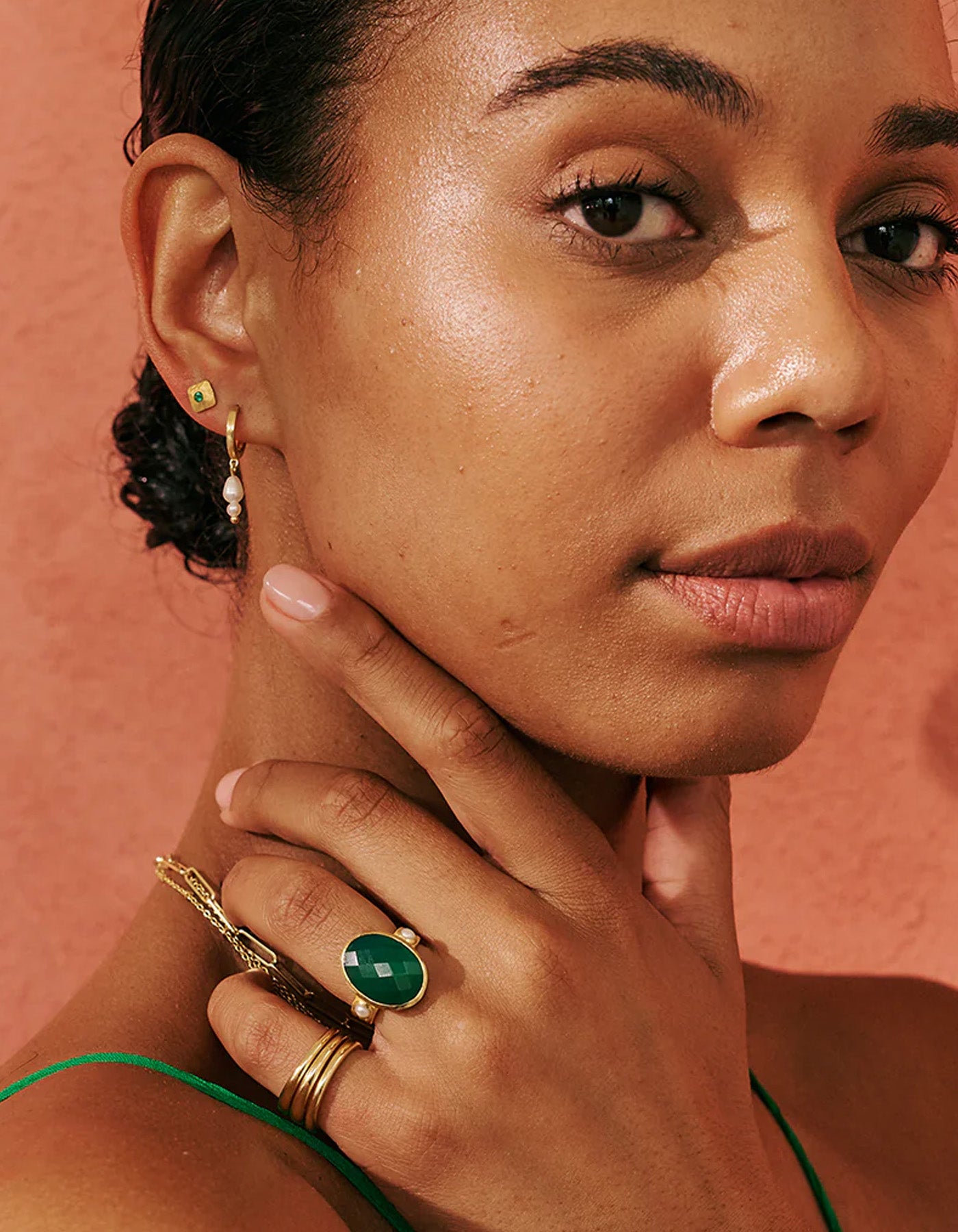 Murkani Wandering Soul Green Onyx Stud Earrings Gold Plate