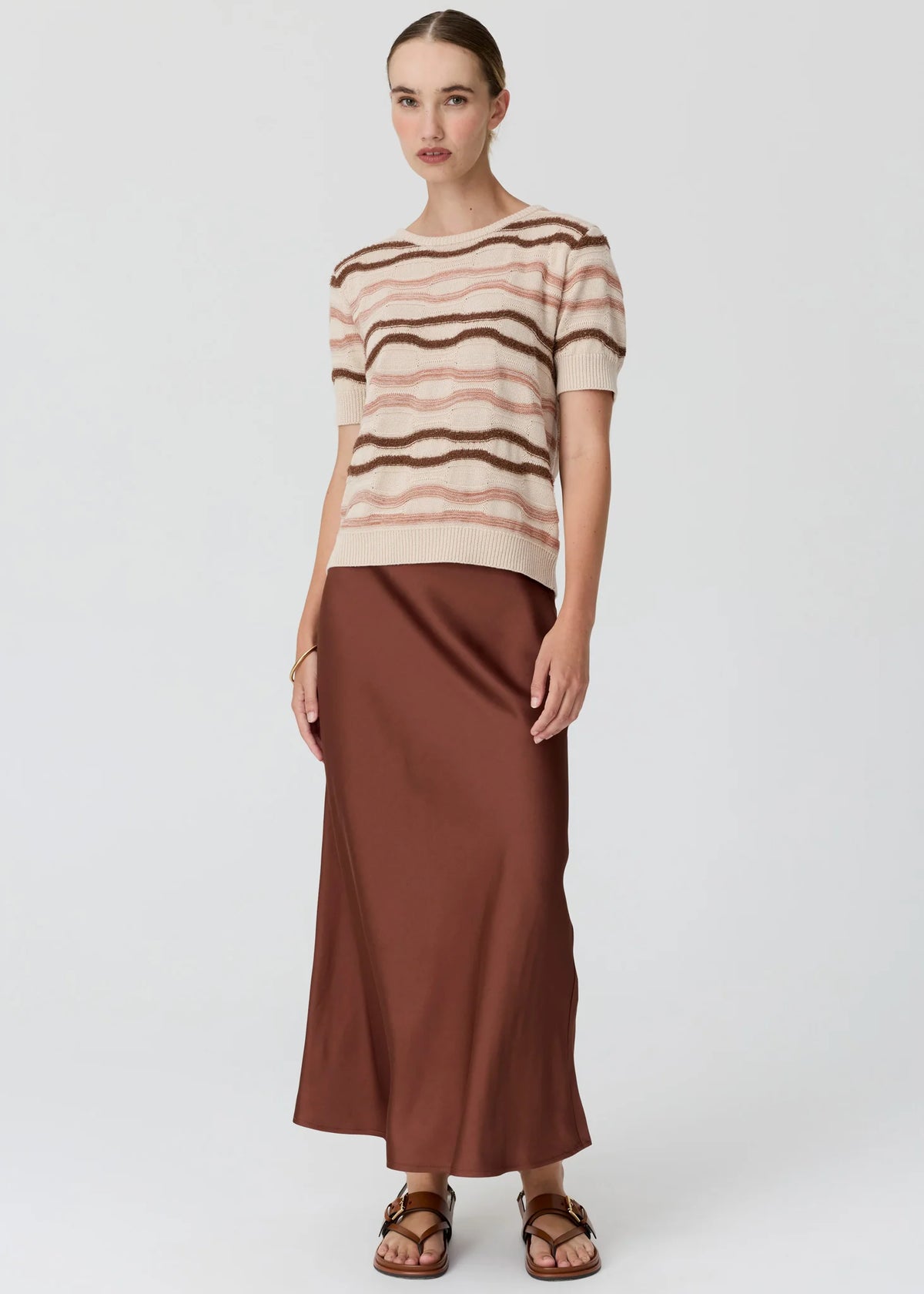 POL Liana Tee Textured Stripe Pebble/Pink/Toffee