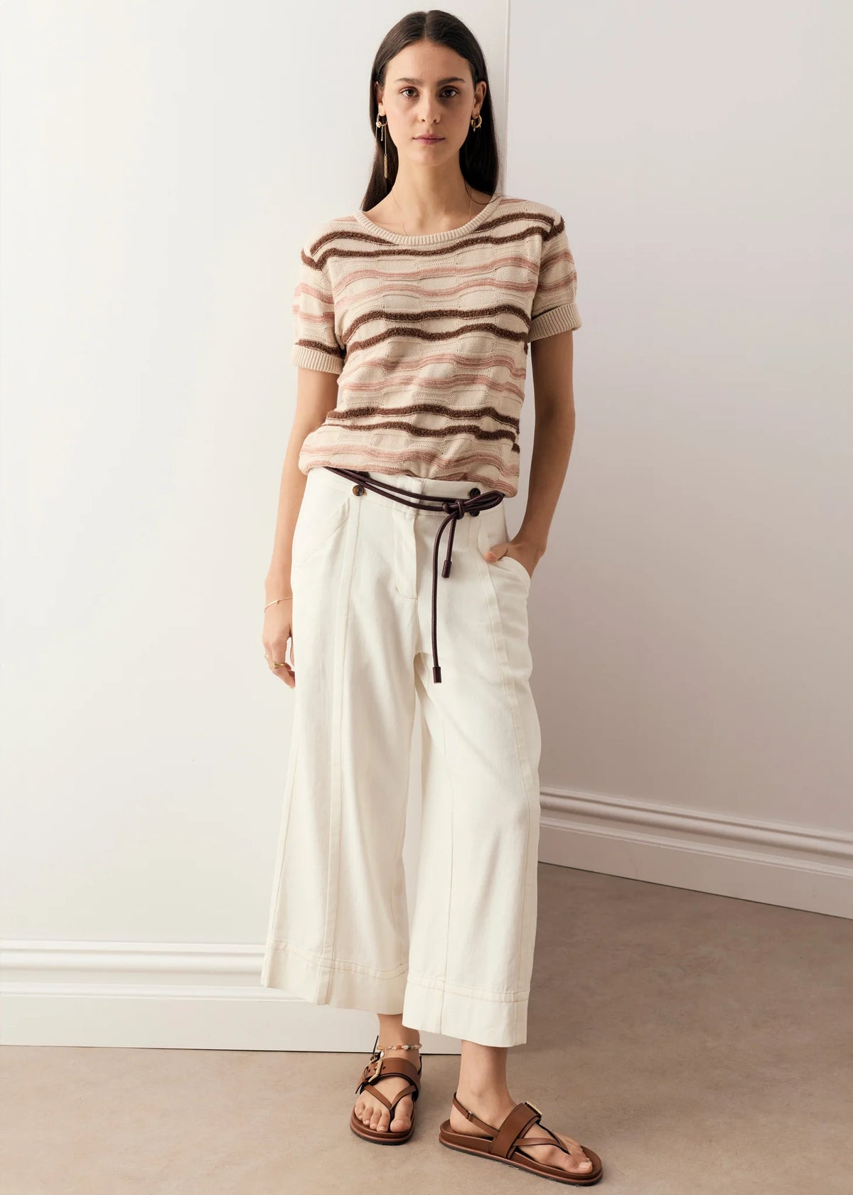POL Liana Tee Textured Stripe Pebble/Pink/Toffee