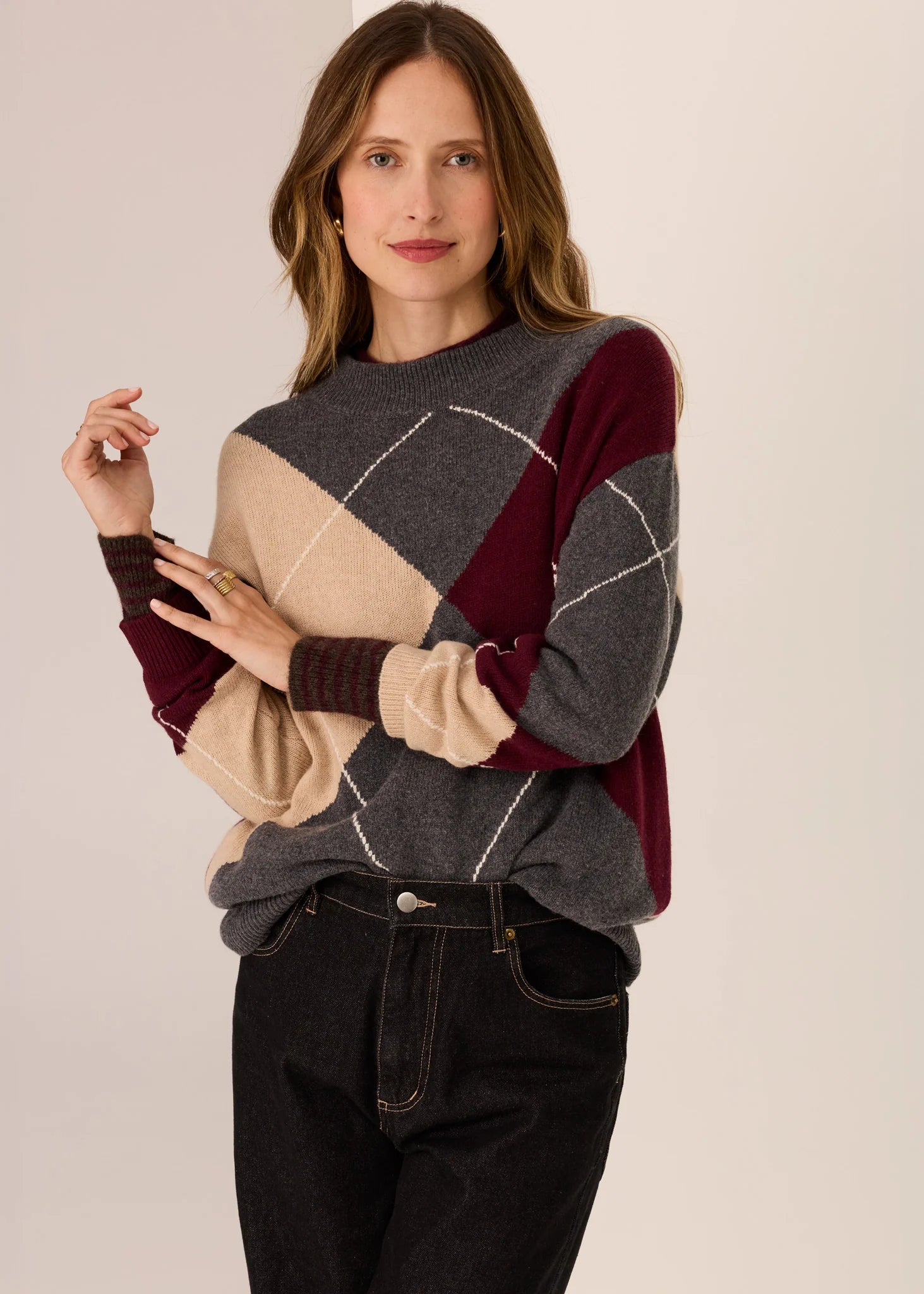 POL Loren Argyle Knit Charcoal/Merlot/Pebble