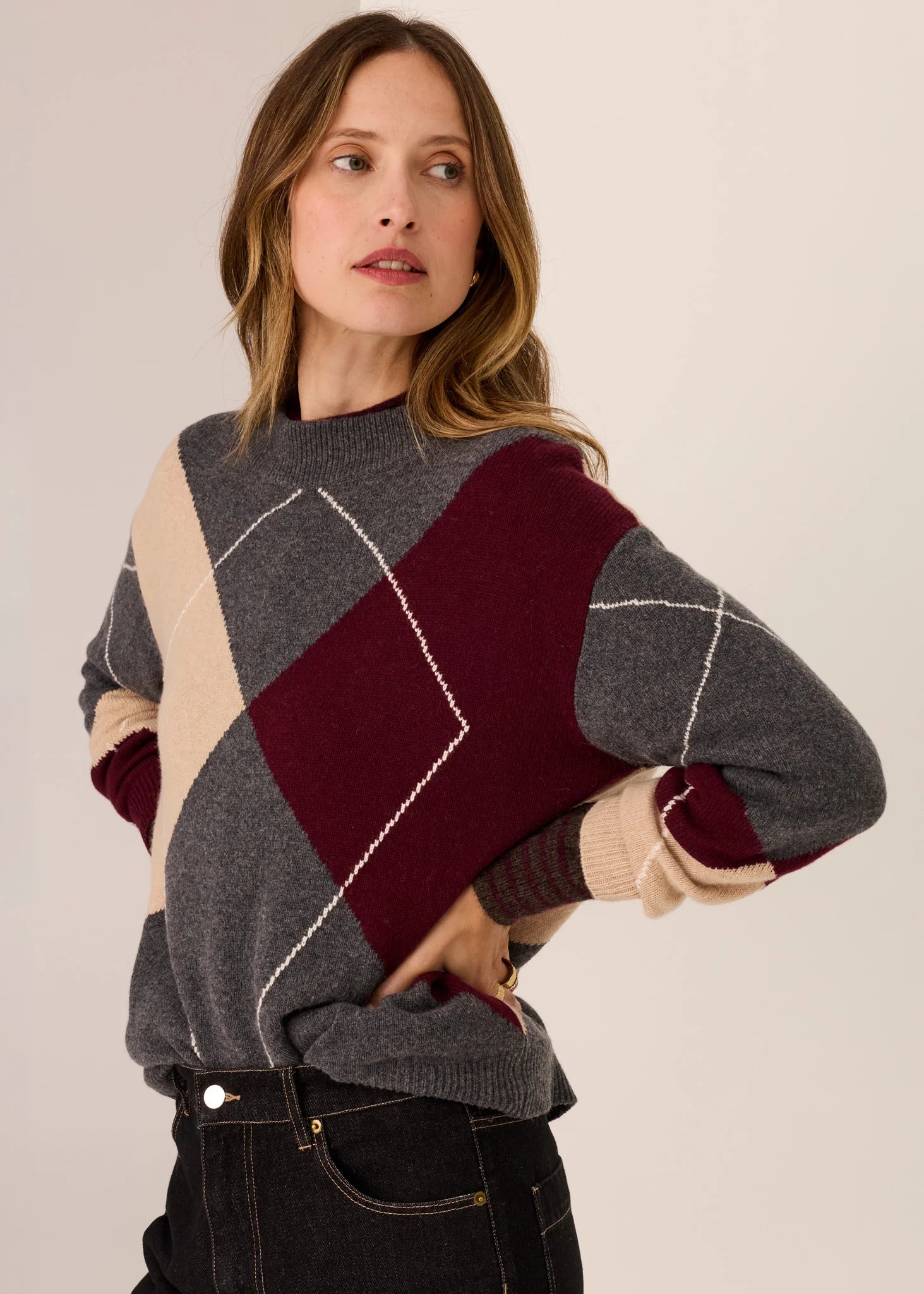 POL Loren Argyle Knit Charcoal/Merlot/Pebble