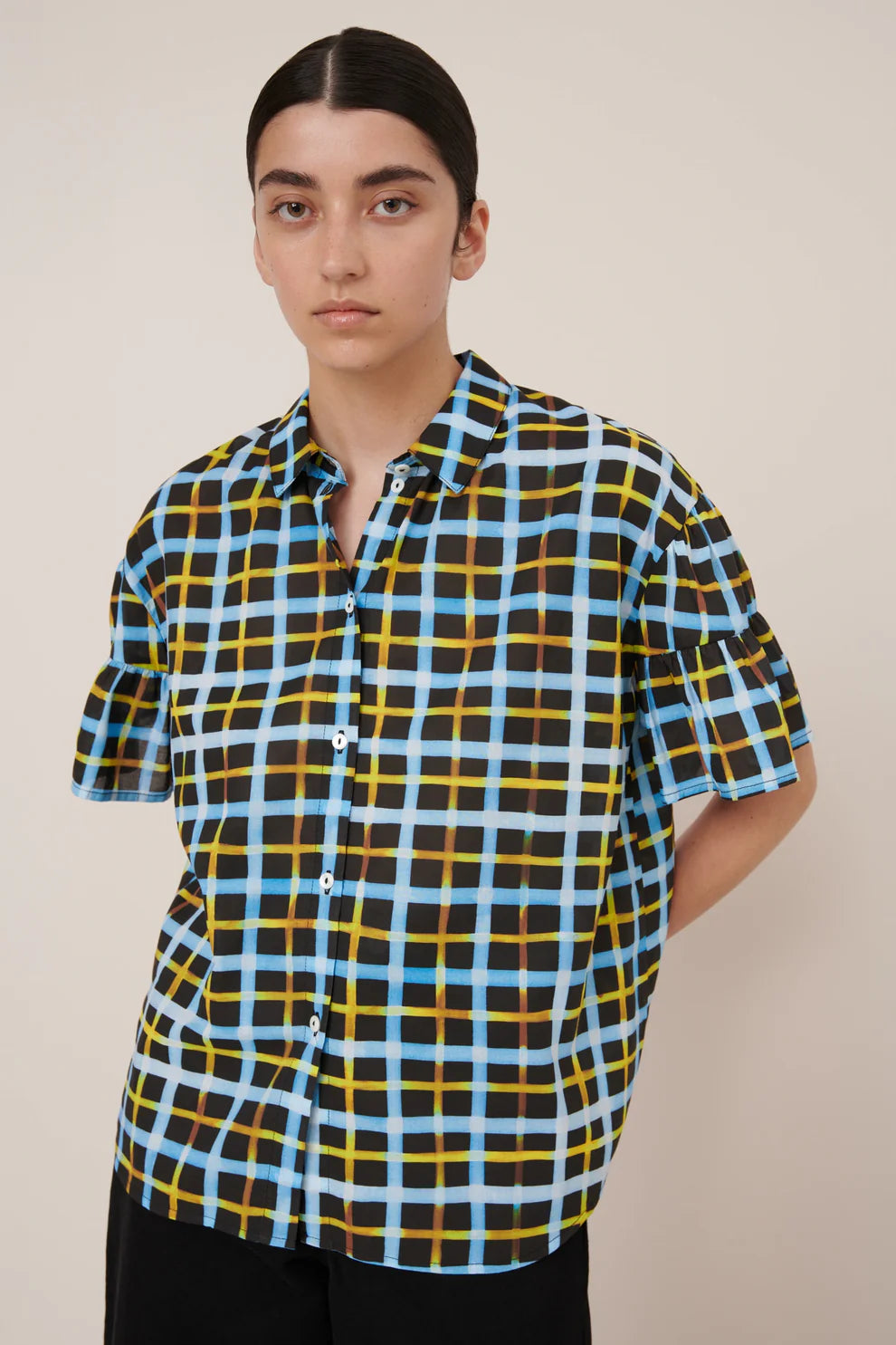 Kowtow Painterly Blouse Neon Tartan