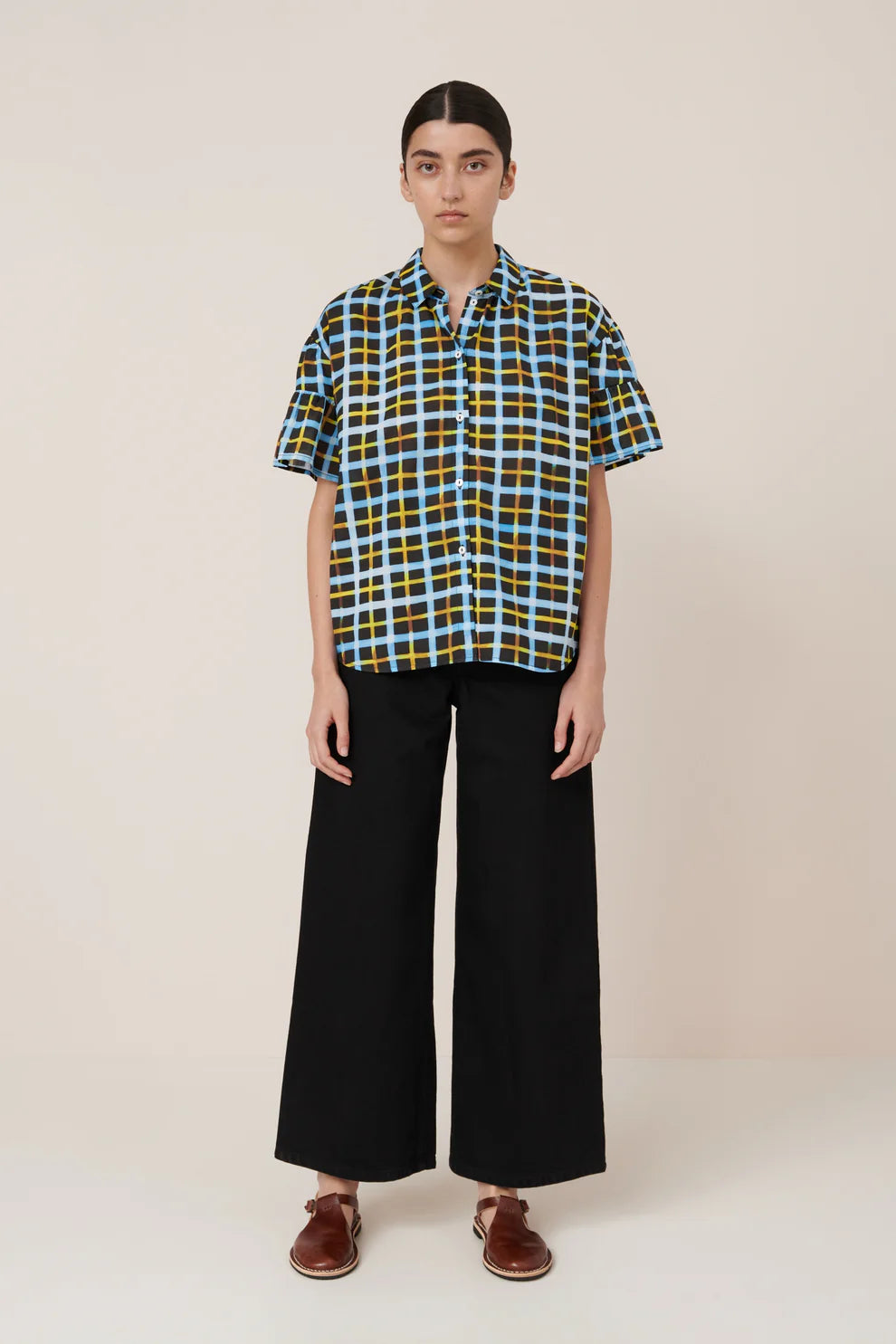 Kowtow Painterly Blouse Neon Tartan