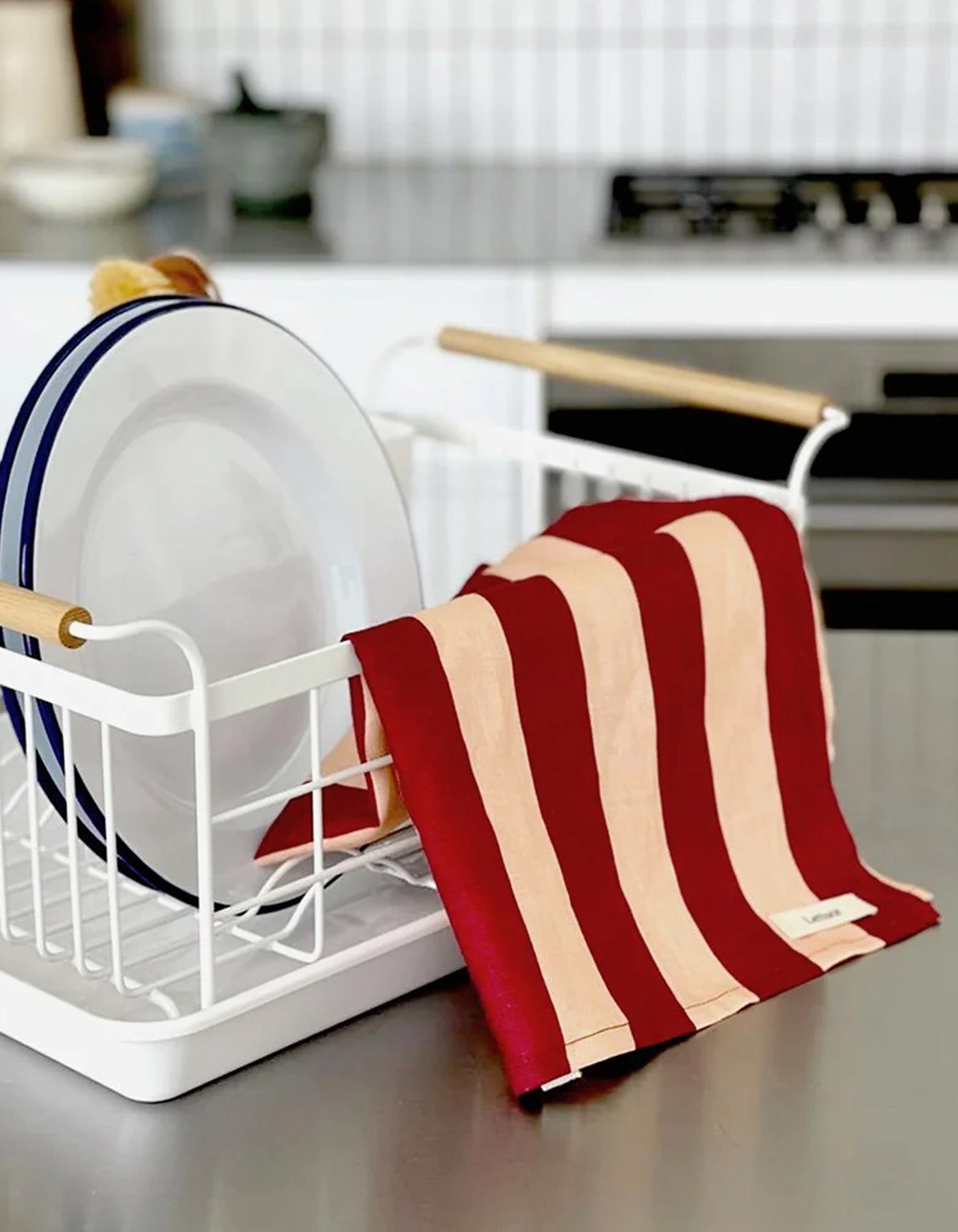 Lettuce Tea Towel Peach & Burgundy Stripe