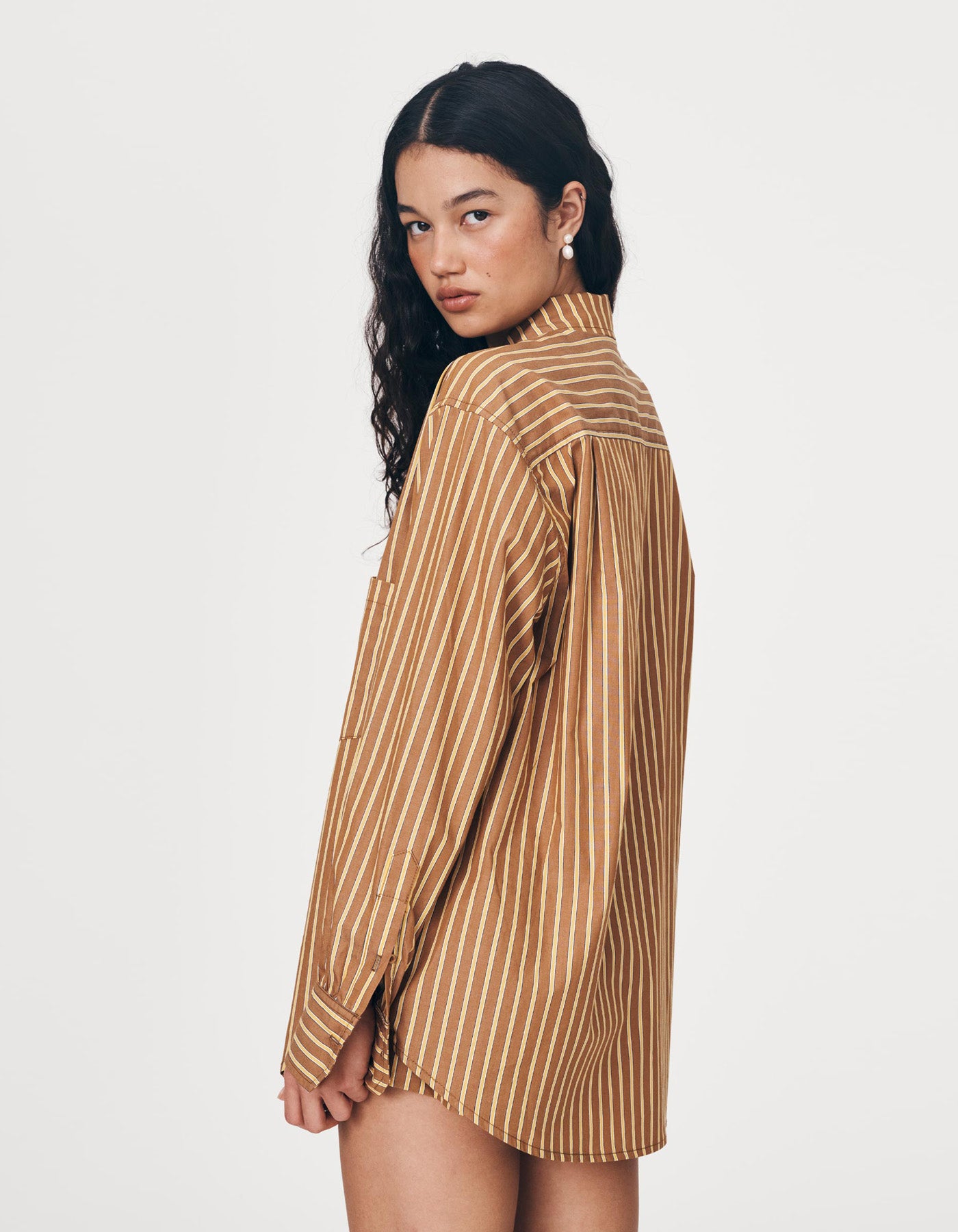 Rowie The Label Ramona Stripe Long Sleeve Shirt Tan Stripe