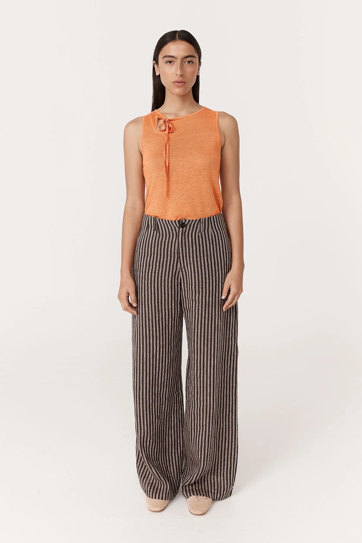 Rowie The Label Carlotta Linen Wide Pants Brown Stripe