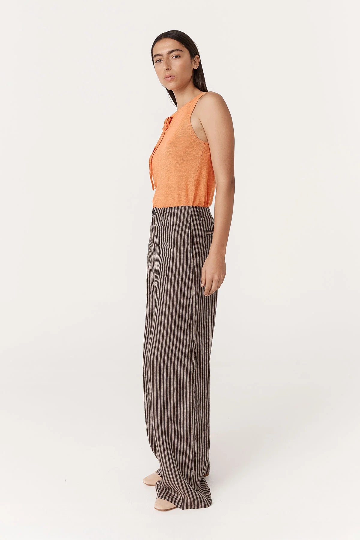 Rowie The Label Carlotta Linen Wide Pants Brown Stripe