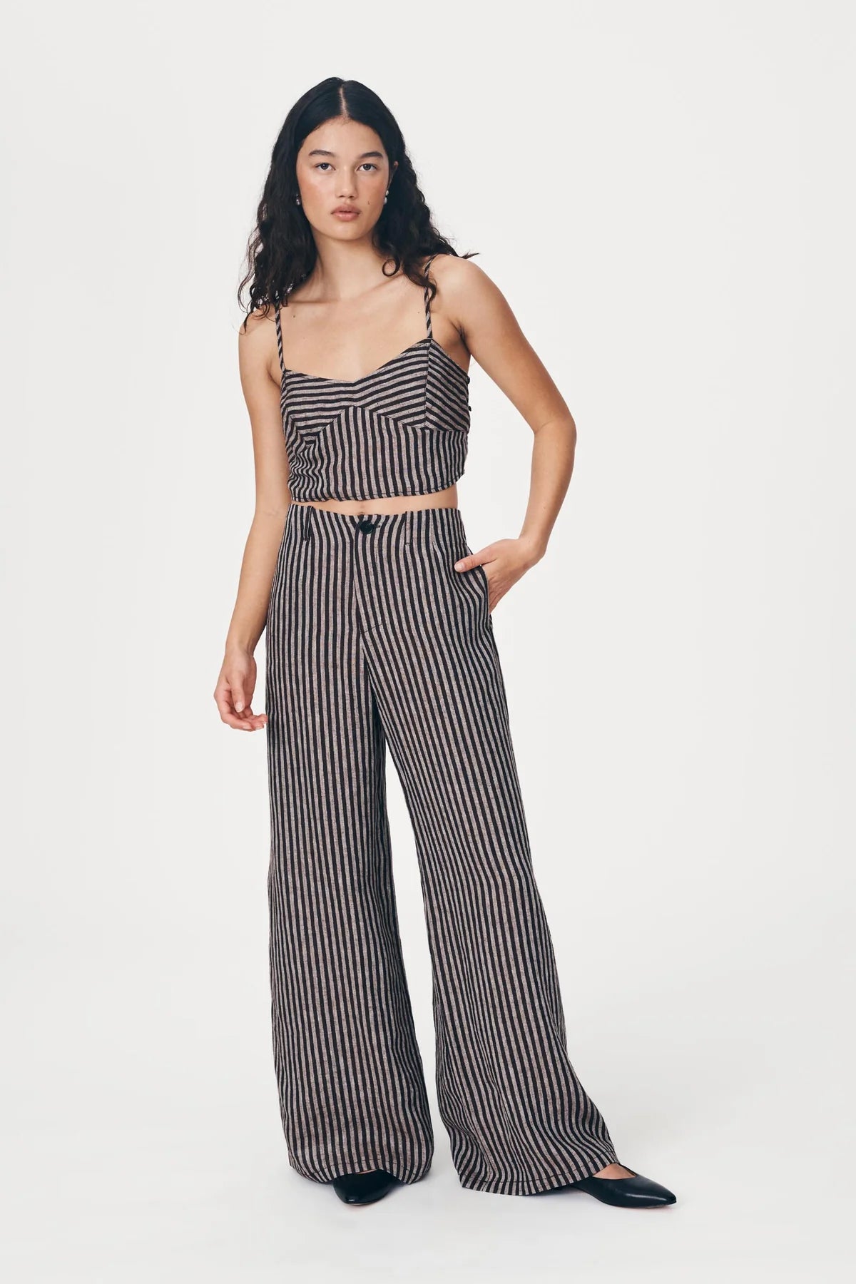 Rowie The Label Carlotta Linen Wide Pants Brown Stripe