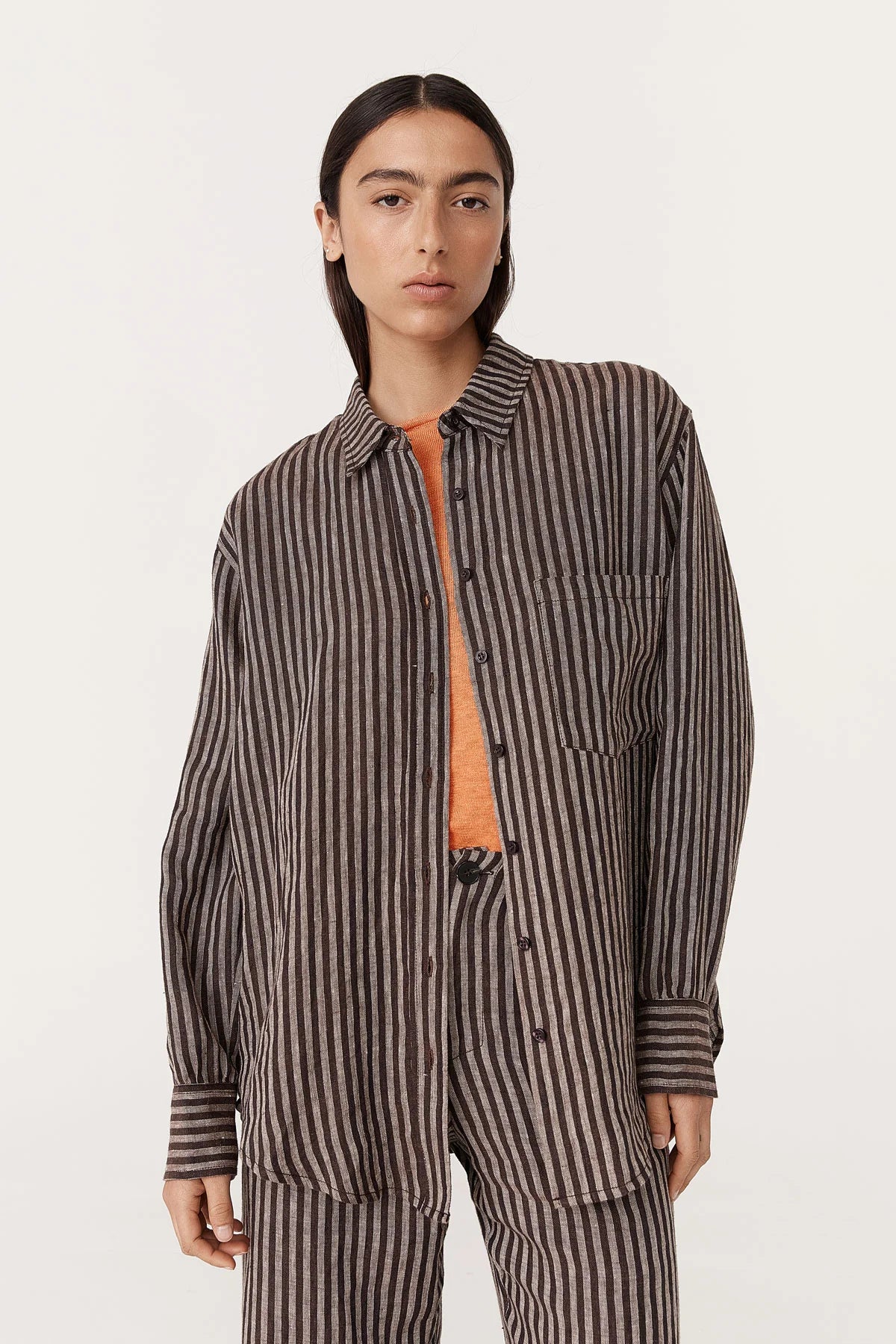 Rowie The Label Ramona Linen Long Sleeve Shirt Brown Stripe
