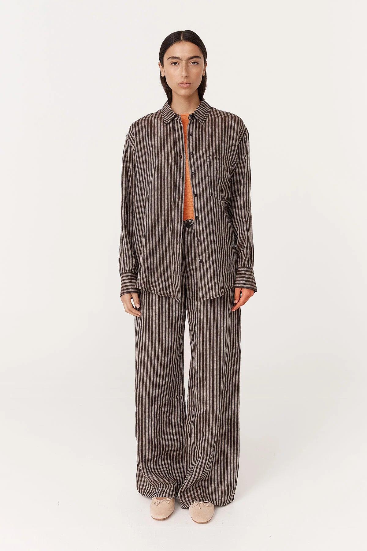 Rowie The Label Ramona Linen Long Sleeve Shirt Brown Stripe