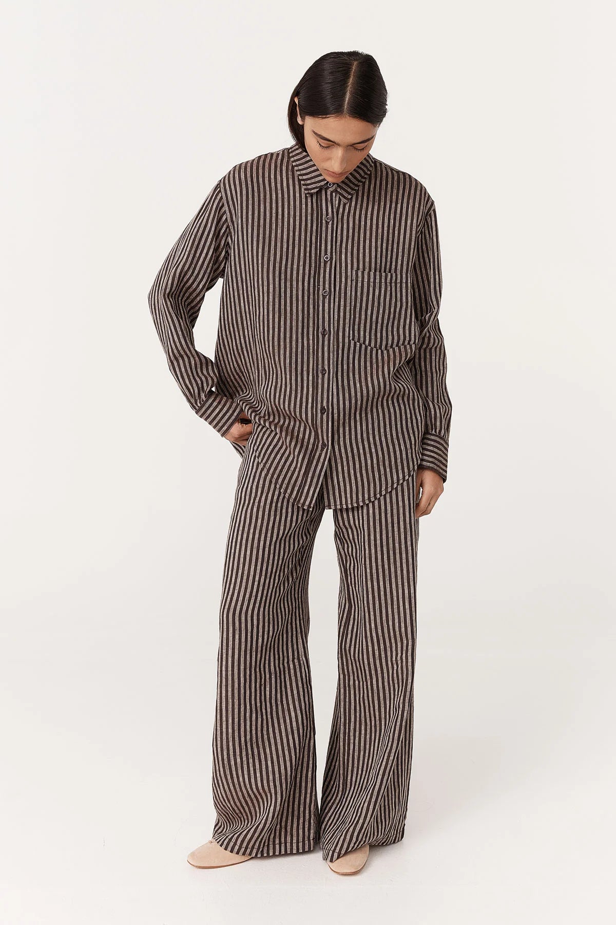 Rowie The Label Ramona Linen Long Sleeve Shirt Brown Stripe