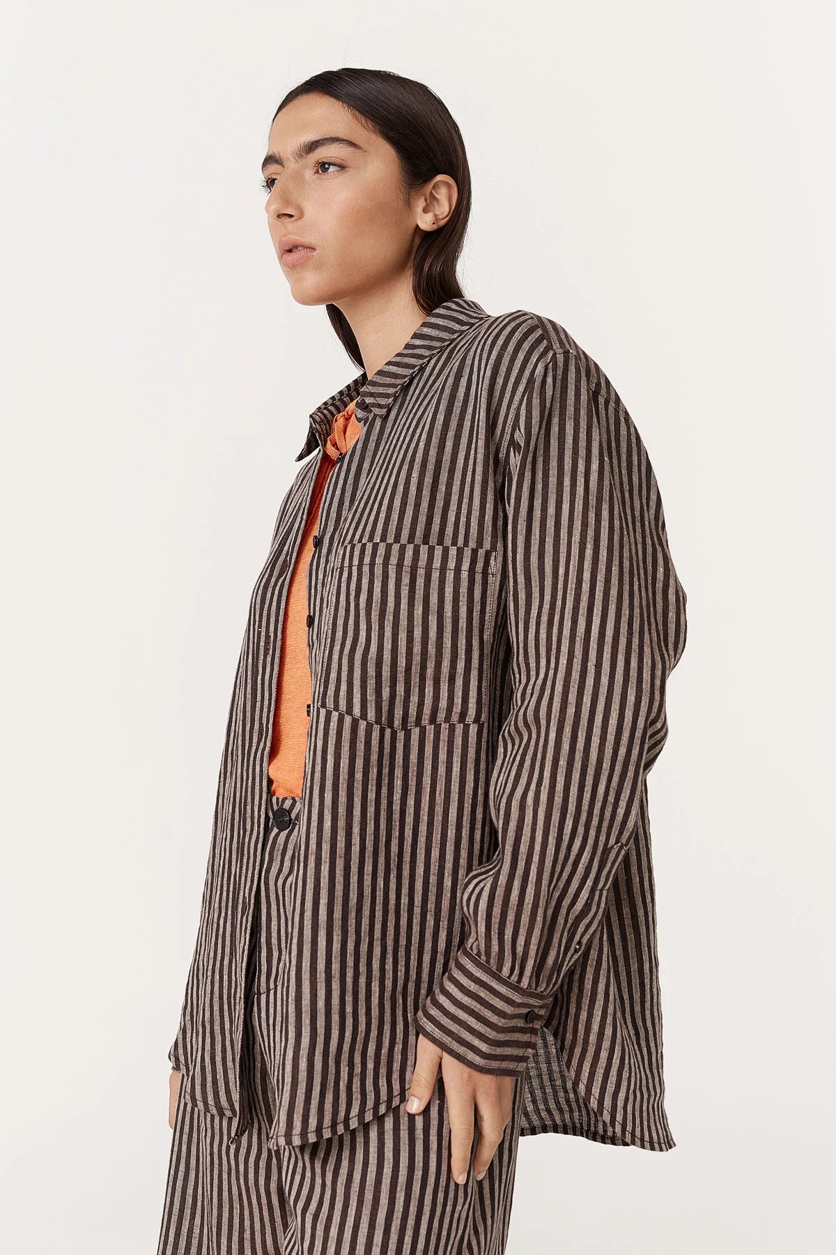 Rowie The Label Ramona Linen Long Sleeve Shirt Brown Stripe