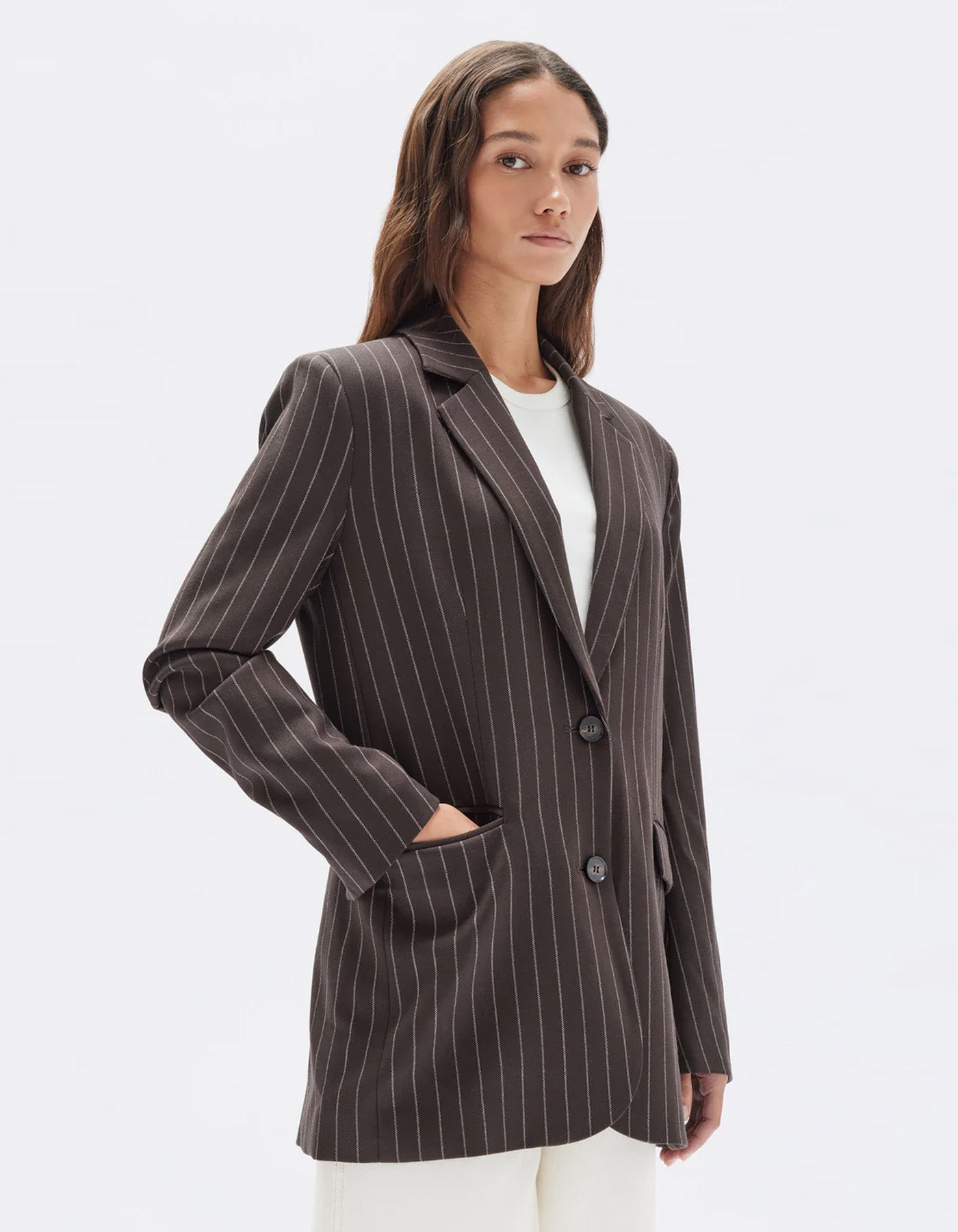 Assembly Label Sofia Wool Pinstripe Jacket Chestnut Stripe