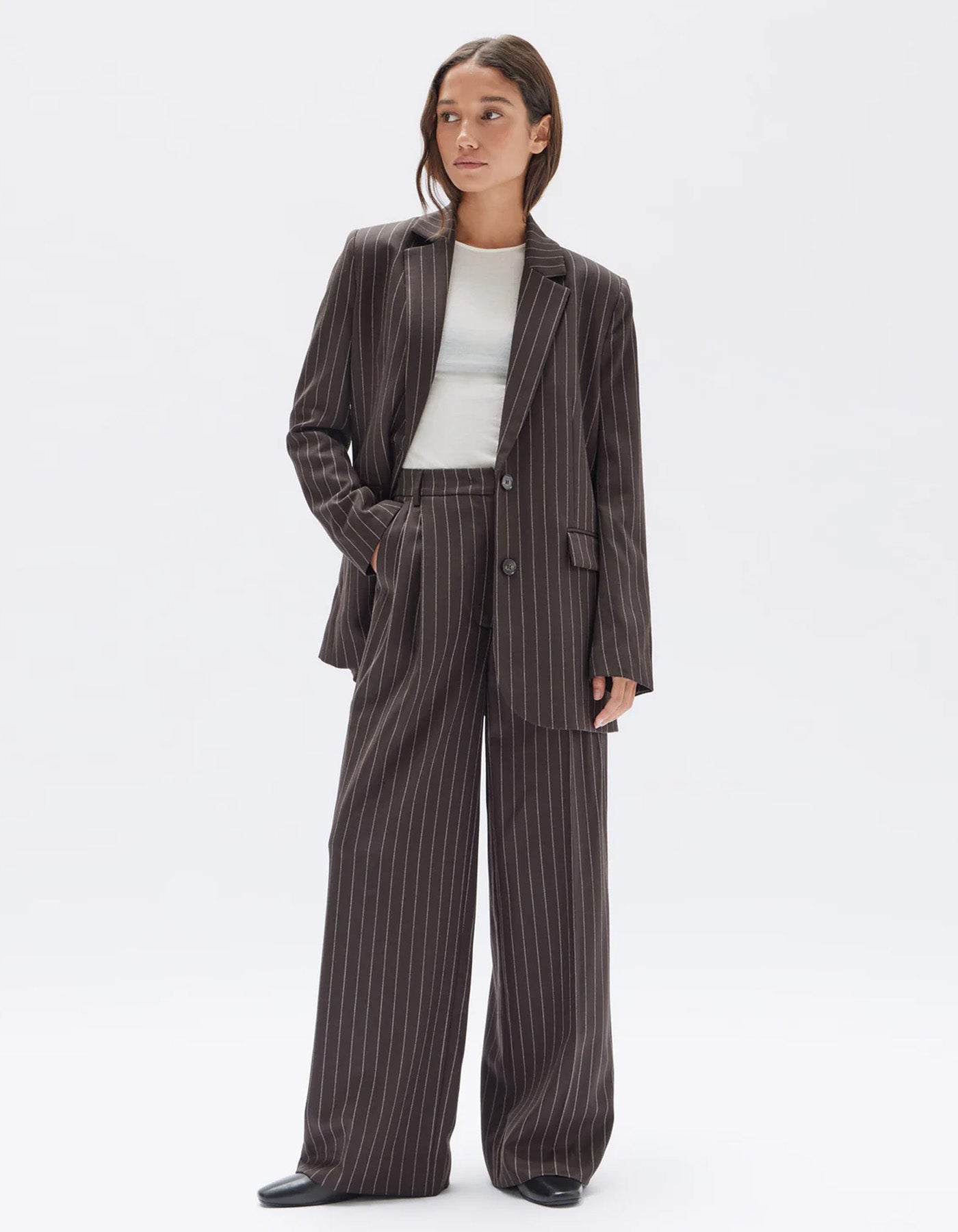 Assembly Label Sofia Wool Pinstripe Jacket Chestnut Stripe