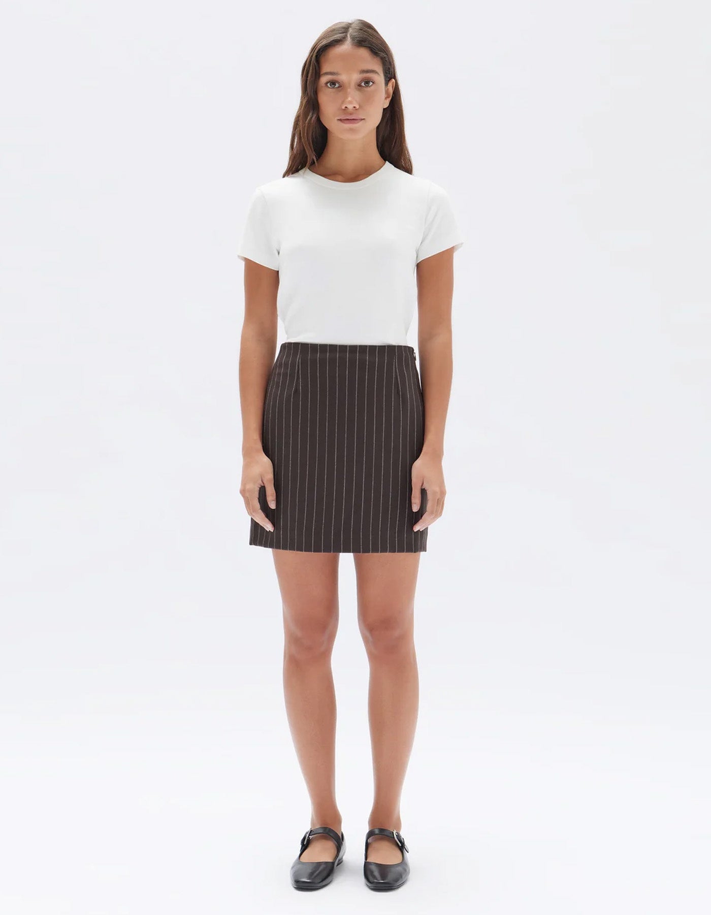 Assembly Label Sofia Wool Pinstripe Mini Skirt Chestnut Stripe