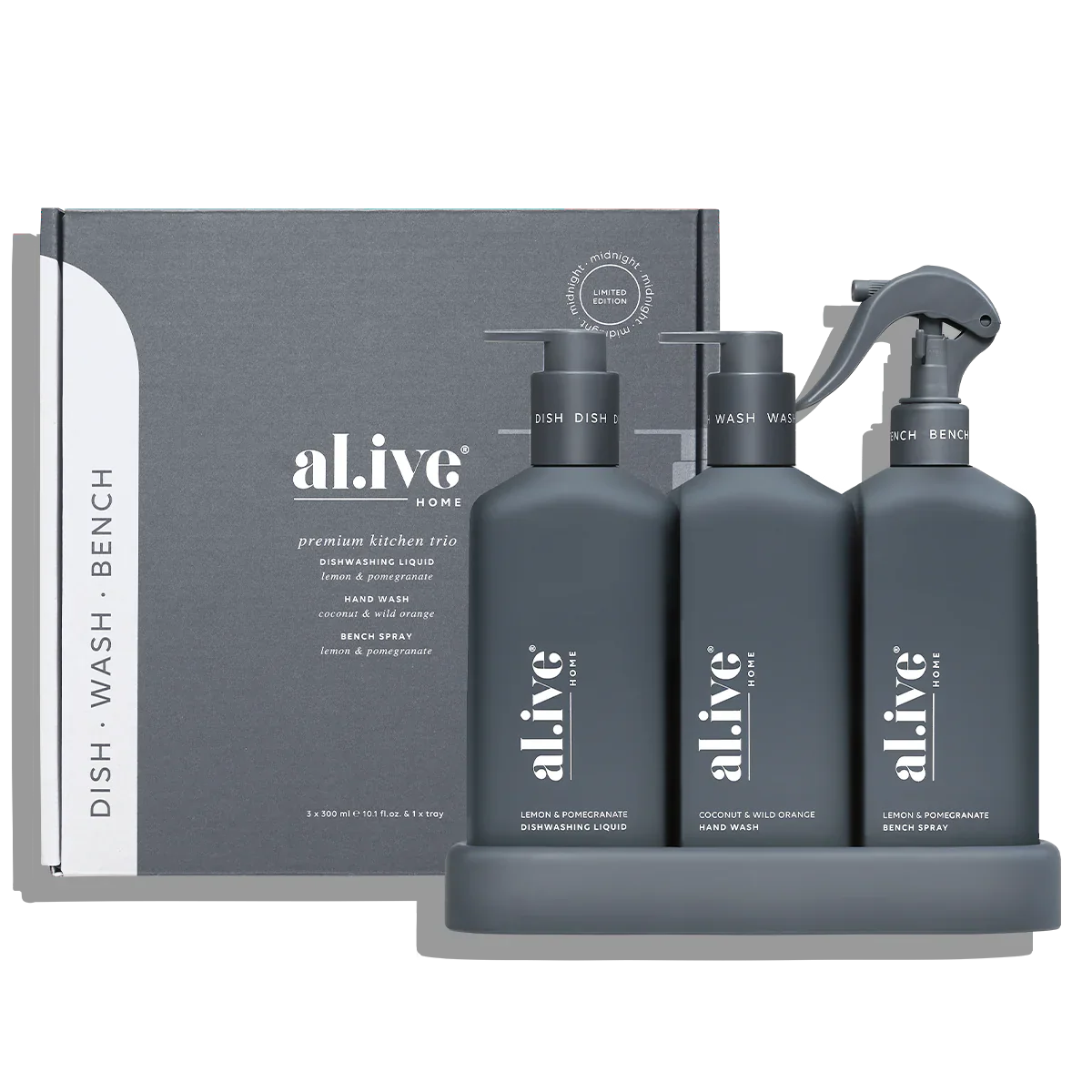 al.ive Kitchen trio -  Midnight Black lemon & pomegranate + coconut & wild orange