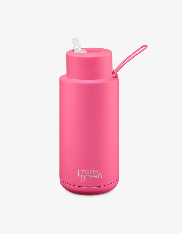 Frank Green 34oz Stainless Steel Ceramic Reusable Bottle Neon Pink With Straw Lid